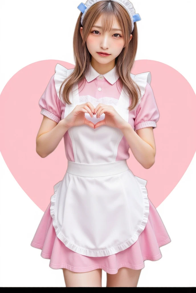 1girl,gal,large breasts,(best quality,absolutely resolution,ultra detailed,masterpiece),(photo realistic),8K,(detailed face),delicate realistic skin texture,(Shining eyes),sexy pose,embarrassed,blush,heart hands,blue eyes,Beautiful Eyes,pink hair,maid headdress,thigh highs,puffy short sleeves,dress,apron,white apron,long hair,two side up,light blue bow,hair ornament,puffy sleeves,short sleeves,pink dress,wrist cuffs,pink bow,maid headdress,puffy short sleeves,dress,white apron,light blue bow,hair ornament,puffy sleeves,short sleeves,pink dress,wrist cuffs,pink bow,hair ornament,pink heart background