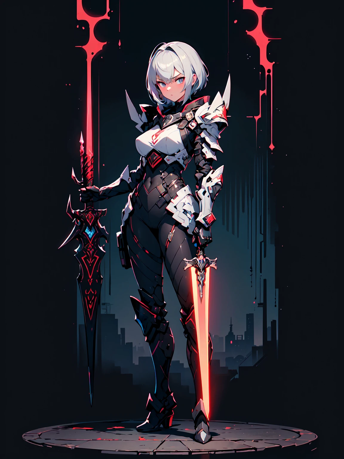 (((masterpiece, best quality, high detailed, 16k))) (1girl) A legendary, lethal assassin with short silver hair and an indifferent, cold gaze. Her slender body is clad in a sleek, ultra-advanced stealth armor, designed with dark matte tones and intricate glowing red lines. She moves with silent precision, carrying dual daggers with engraved hilts. Her figure is almost a shadow, blending seamlessly into her surroundings. The background is a futuristic, dimly lit cityscape with sharp angles and neon lights. ((full body)), ((extremely detailed))