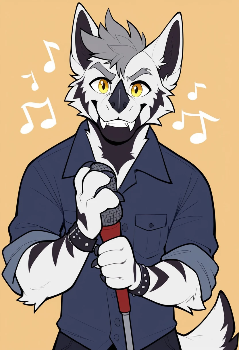 on a stage in a night club singing with a microphone, looking_at_viewer , Maver, anthro, white body, white fur, black fur, black markings, yellow eyes, eyebrows, grey eyebrows, hair, grey hair, ears, nose horn, horn on snout, horn on nose, fangs, tail, claws, paw pads, two tone tail, black and white tail, body markings, on a stage in a night club singing with a microphone, looking_at_viewer 