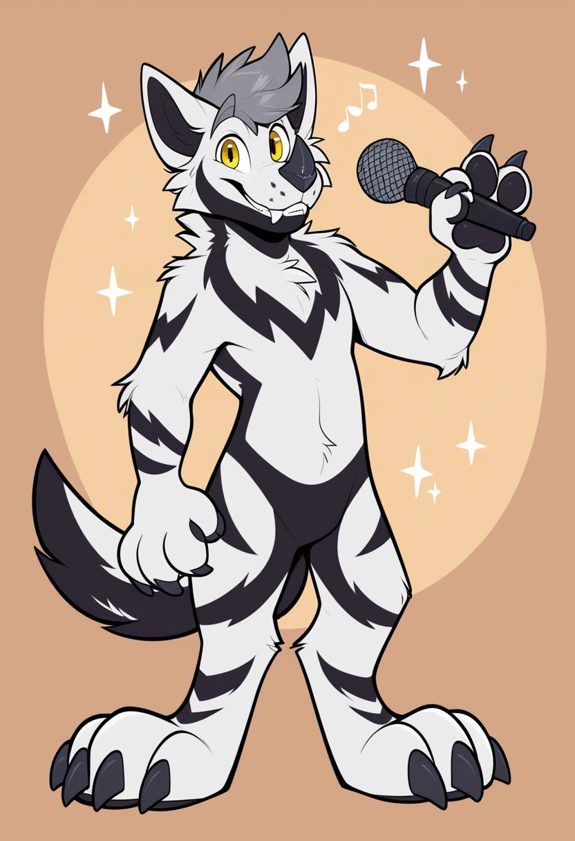 on a stage in a night club singing with a microphone, looking_at_viewer , Maver, anthro, white body, white fur, black fur, black markings, yellow eyes, eyebrows, grey eyebrows, hair, grey hair, ears, nose horn, horn on snout, horn on nose, fangs, tail, claws, paw pads, two tone tail, black and white tail, body markings, on a stage in a night club singing with a microphone, looking_at_viewer 