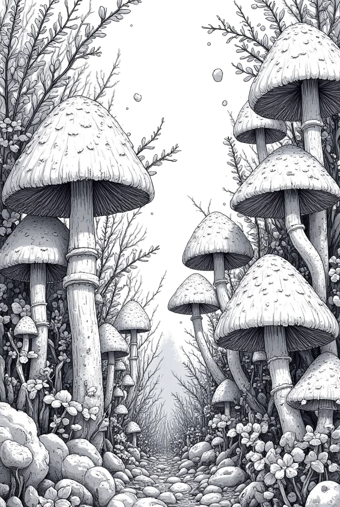 a black and white drawing of mushroom and plants,  detailed 4K drawing , mushroom and plants, mushroom everywhere, Intricate Detailed Digital Art ,  mushroom forest , Detailed drawing, Complex detailed drawings, highly Detailed drawing,  Simplicity of Design ,   highly detailed ink illustrations , High definition illustration, , amazingly detailed art ,  amazingly elaborate art , mushroom, 4K. Detailed drawing