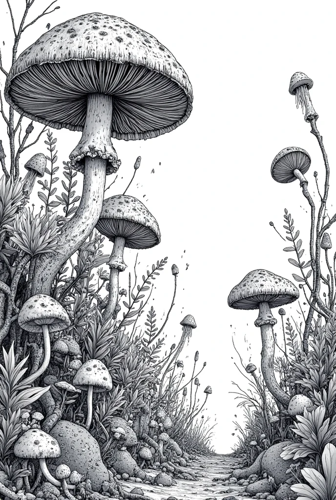 a black and white drawing of mushroom and plants,  detailed 4K drawing , mushroom and plants, mushroom everywhere, Intricate Detailed Digital Art ,  mushroom forest , Detailed drawing, Complex detailed drawings, highly Detailed drawing,  Simplicity of Design ,   highly detailed ink illustrations , High definition illustration, , amazingly detailed art ,  amazingly elaborate art , mushroom, 4K. Detailed drawing