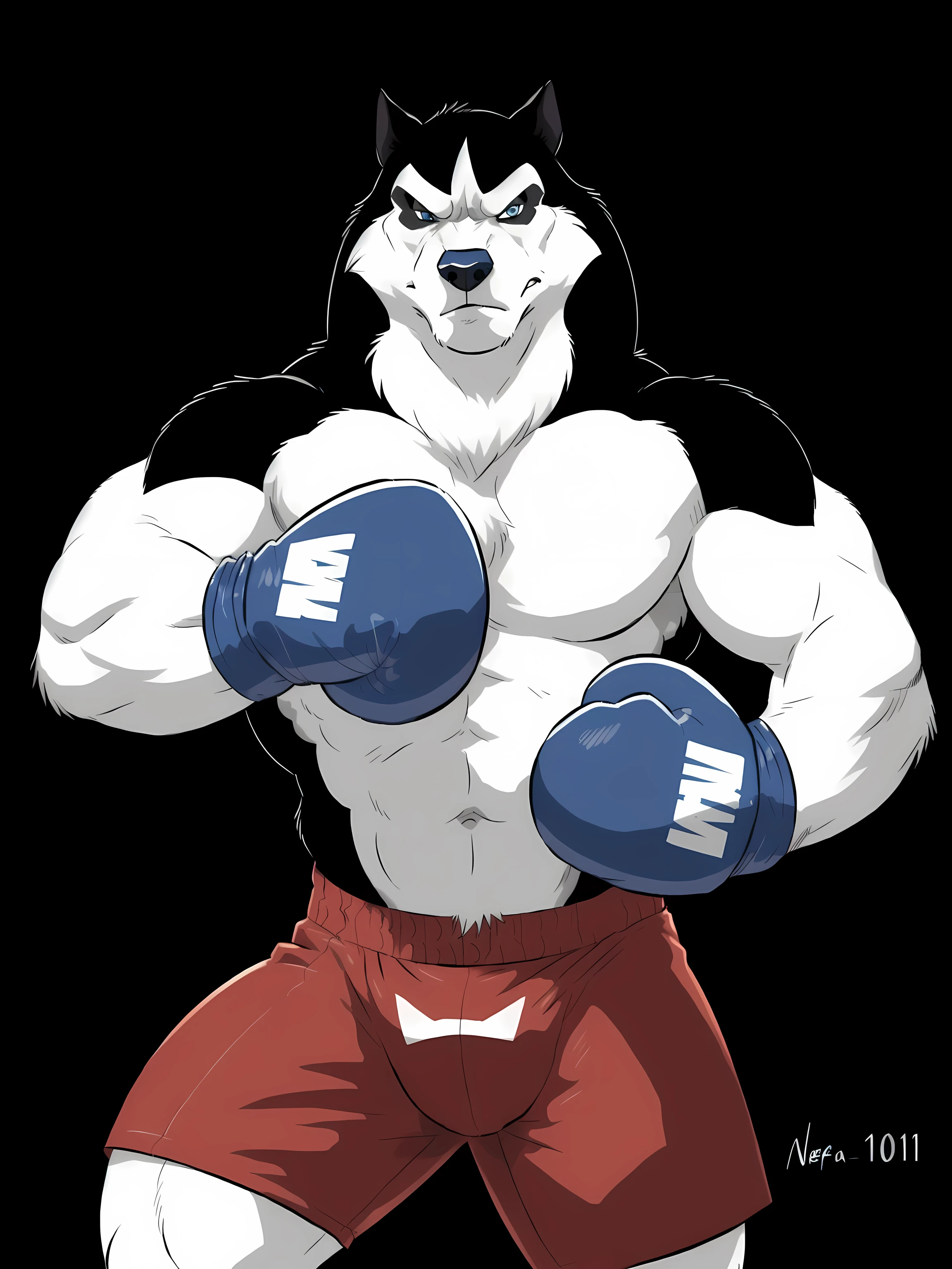 steele (balto), alaskan malamute, detailed, detailed face, ice blue eyes, stern face, detailed eyes, anthro body, male, adult, heavyweight, very muscular:1.1, cartoon shading, cel shaded:1.0, boxing trunks, (wearing boxing gloves, detailed boxing gloves):1.1, (no background, black background):1.5, by wfa, by negger, boxing pose, fighting pose, shirtless