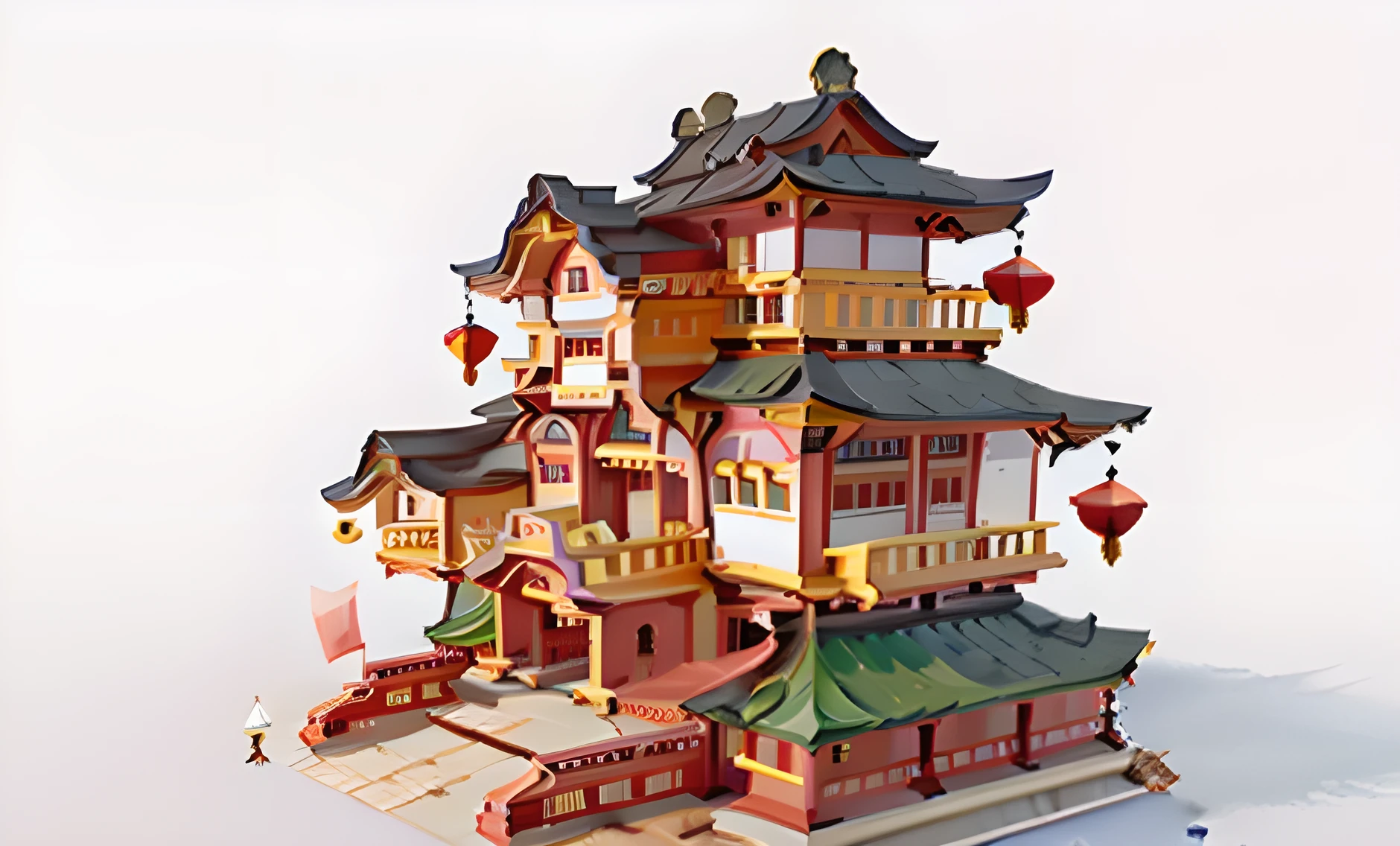 There is a tall red pagoda，There is a clock on it,  Pagoda in Digital Painting ,  inspired by ancient Chinese architecture,  Japanese style 3d 8k super detailed , Chinese Architecture,  Inspired by Kiyomitsu Torii,  an extremely detailed building，The roof is made of tiles ，3D Model，model toy 