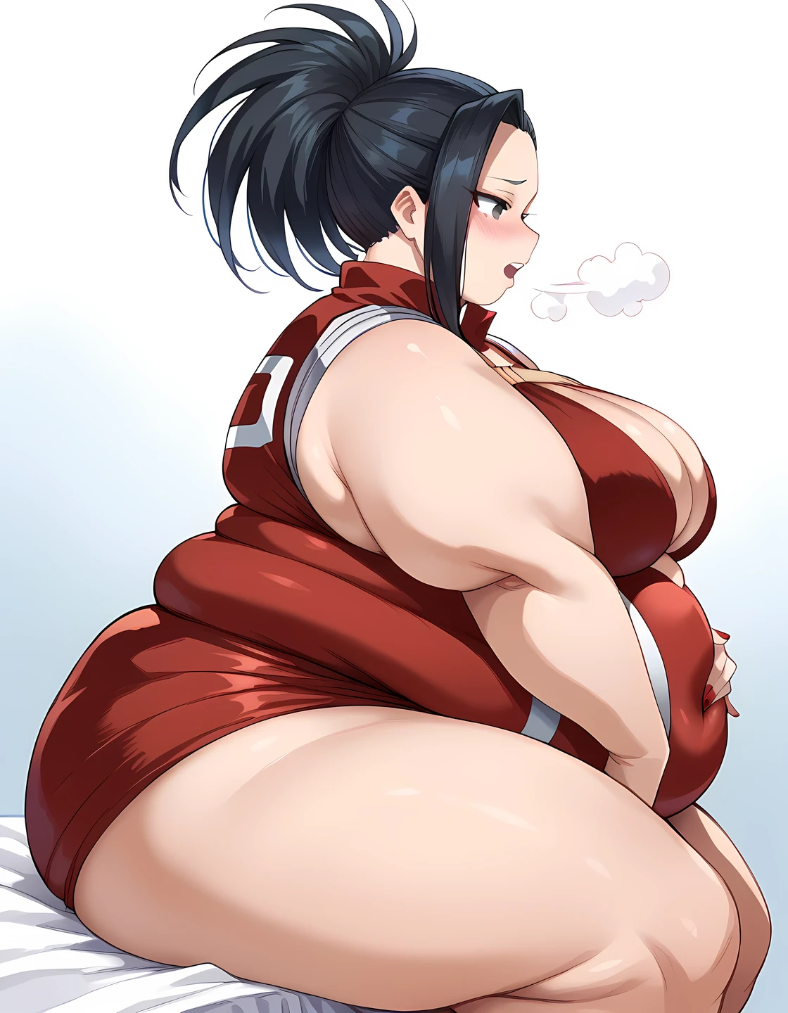 fat body, tall, yaoyorozumomo, black eyes, black hair, ponytail, long hair, hair pulled back, center opening, cleavage, red leotard, hero outfit, fat body, wide waist big . sexy body, sexy figure, fat thighs, sexy, wide waist, desireable, tempting, lust, fat, chubby, obese, gigantic arms and legs , sitting, from behind, side view, open mouth, blush, out of breath, grabbing belly