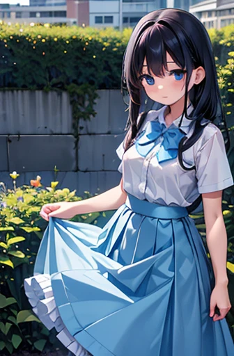  girl, student, ,  is wearing a uniform,  light blue skirt ,  long skirt, Small Bow, Small Bow, garden, nature, nature garden, Anime, Anime movie、Big Breasts、  girl counting money {x} long black hair, big chest