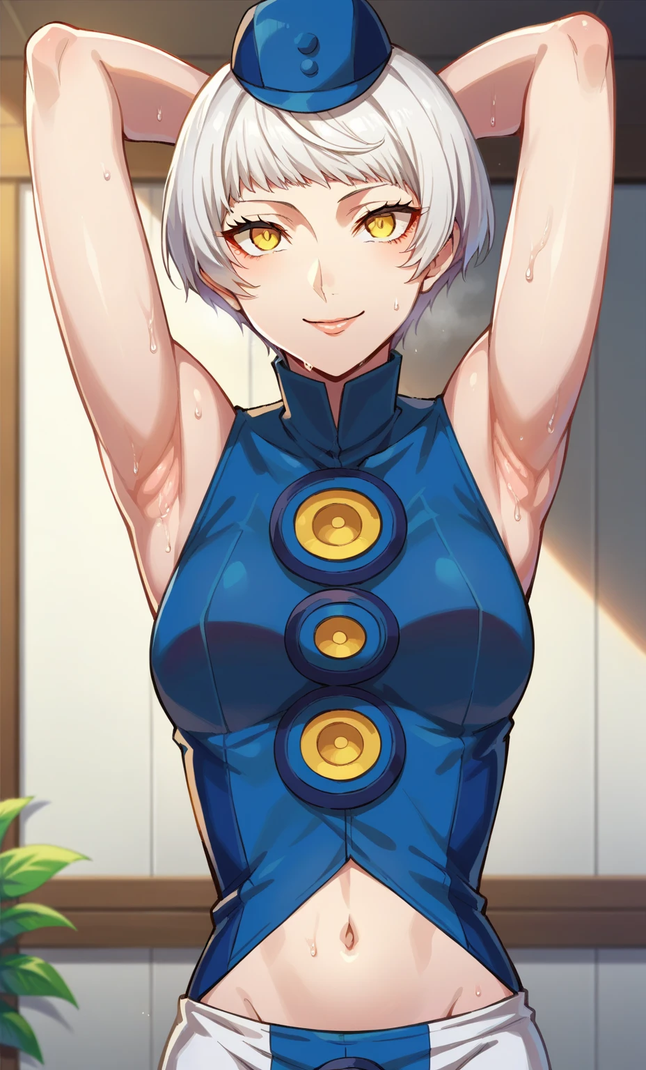 score_9, score_8_up, score_7_up, source_anime, anime screencap, 1girl, solo, indoors,, elizabeth from persona 3, short hair, white hair, yellow eyes, blue clothes, blue hat, medium breasts, bare shoulders, bare arms, looking at viewer, eye contact with viewer, facing viewer, smile, closed mouth, arms behind head, armpits, mature female, navel, upper body, white pants , sweaty armpits