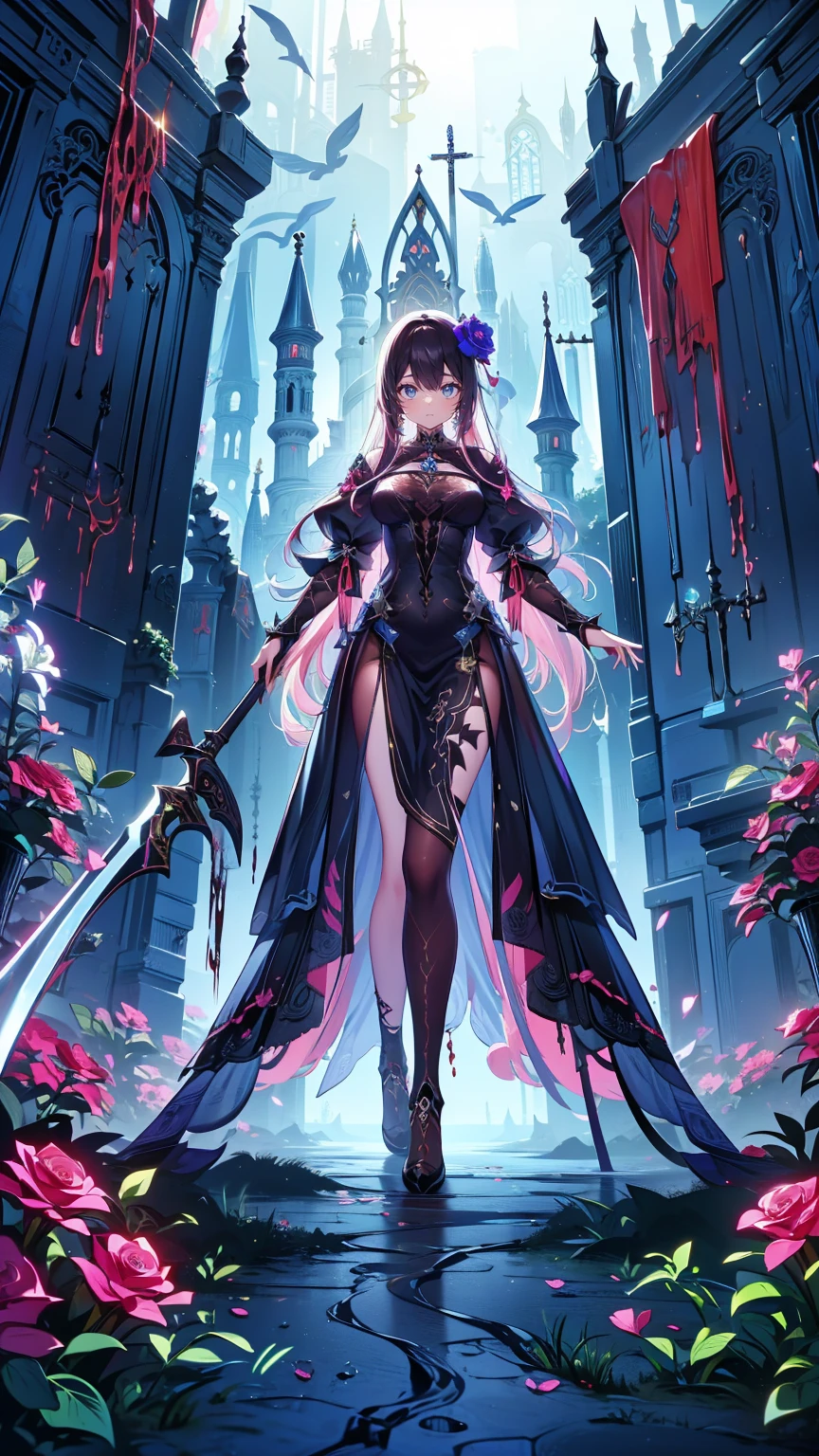 1girl,,bare_shoulders,breasts,brown_hair,cleavage,earrings,hand_on_own_chest,head_wings,holding,holding_weapon,leotard,long_hair,looking_at_viewer,medium_breasts,purple_eyes,solo,sword,thighhighs,very_long_hair,weapon,white_legwear