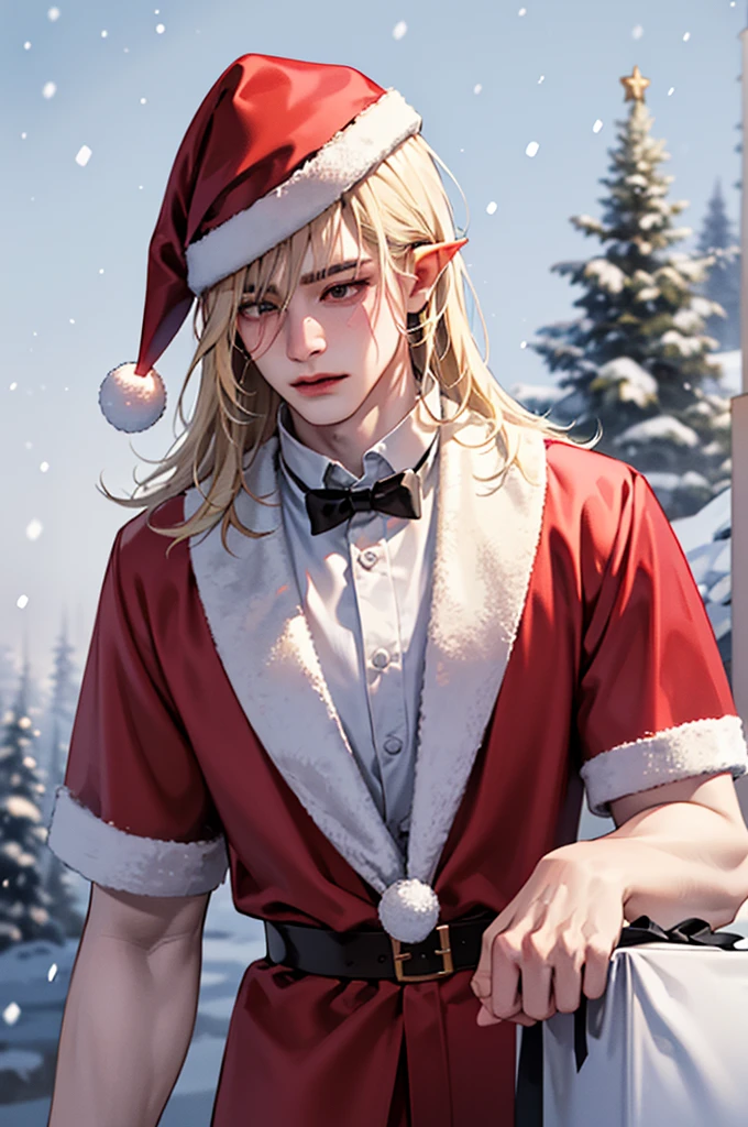 1male, growm male, long blonde hair, christmas elf, frustrated, snowing background, detailed background, snow mobile, presents, (masterpiece:1.21),(bestquality:1.21),8k,high detailed,ultra-detailed,photography,award winning,documentary,Original Photo,Realisticity,solo,physically-based rendering,depth of field,(low saturation:1.3),(1boy;1.4:1.1),a male,silm,Real Skin Texture,White Marble Glowing Skin,model,model(random_color_clothing:1.45),(random stylish pose action:1.1), (random view shot)