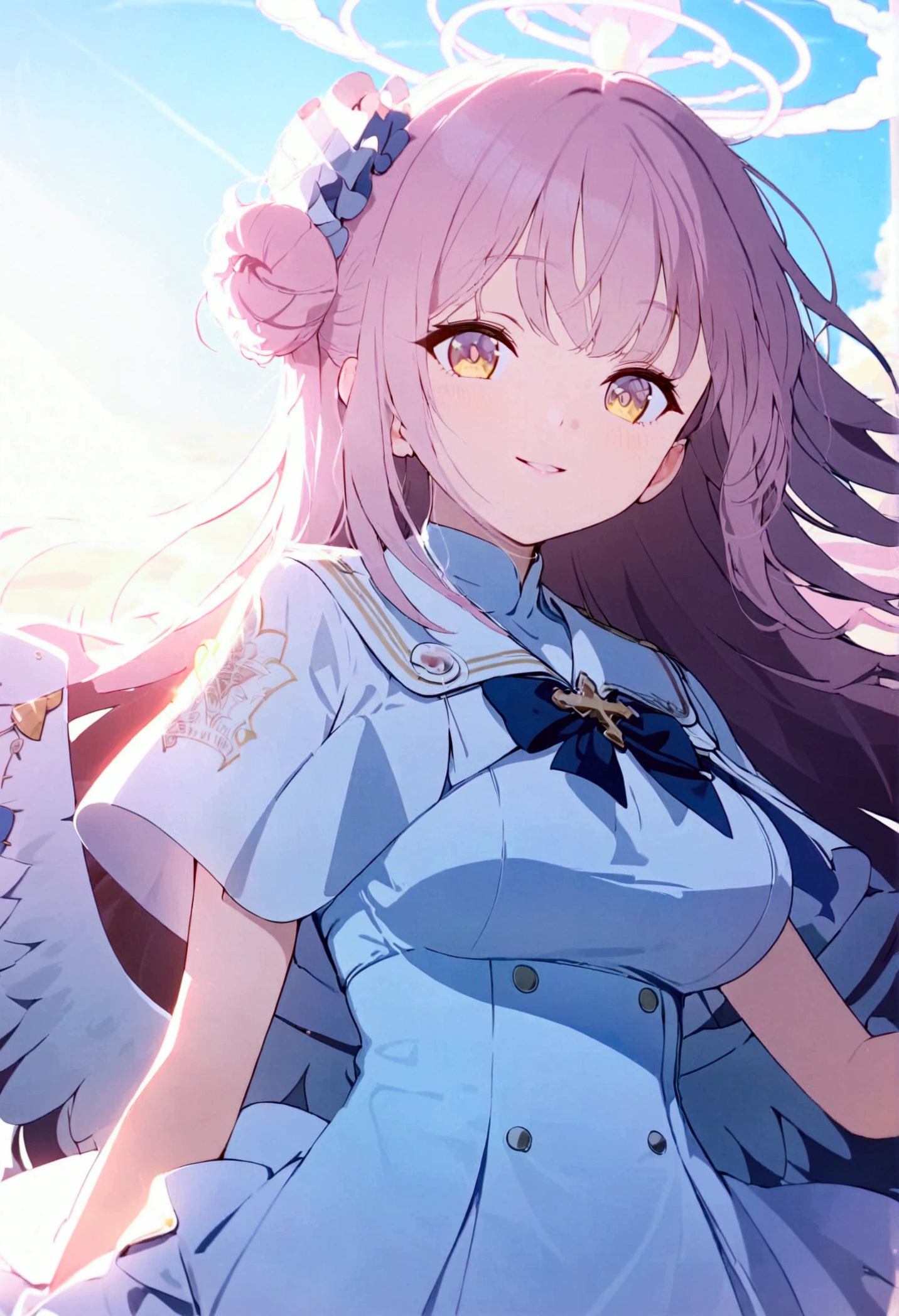 High image quality 、masterpiece、  High Quality   、Full HD、4K 、 depicting only one girl 、 viewed from below、Mika Mizono(blue archive)、 pink long hair  、  golden eyes、 slim、 big chest、 White angel wings from the waist、 pink halo with cross effects and smoke effects(Mika Mizono)、smile、 red cheeks 、White dress uniform 、Empty Beach、 blue sky、 Clear Sea 