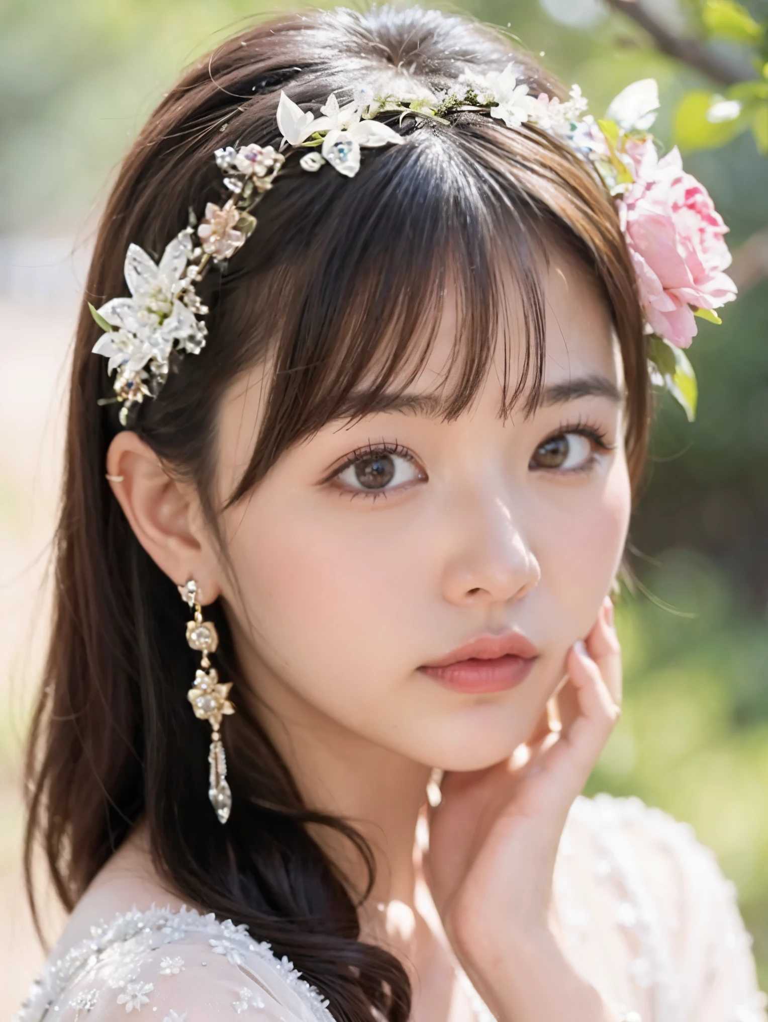 A close up of a woman wearing a flower crown and a white dress - SeaArt AI