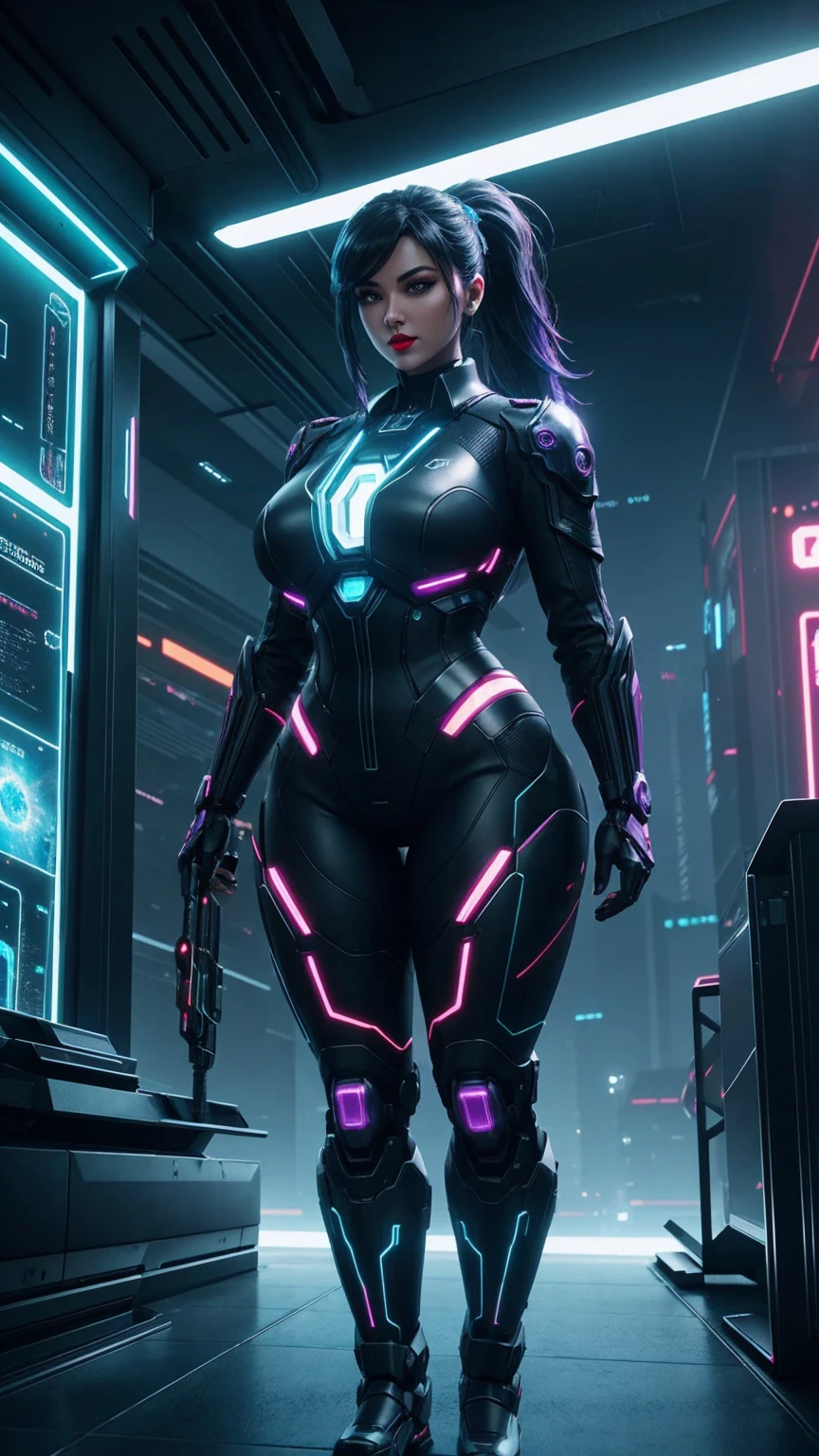 black, pink, white, purple, (long white hair woman), (full body shot), tattoos, thick, big breasts, cleavage, sexy, erotic, (tactical techwear clothes:1.1), (tactical boots:1.1), abstract lines and circles background
