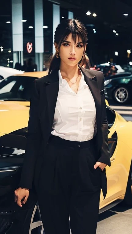 a beautiful 18 years old girl wearing formal black suit, white shirt, and black trousers, it suits very well, she's wise and woman, she's elite boss, she's very rich girl, elegant pose, standing in front of her Porsche, elegant Porsche, Porsche 911 GT-3RS, exclusive Porsche, expensive necklace, elegant earrings, elegant, she's so cool, jealous face, little smile on her face, jealousy smile, she's firm, she's being respectful, she's gorgeous, her body is so athletic and slim, chubby cheeks,perfect body ratio, ponytail, cute bangs, she looks kind, girlfriend material, best lighting (best quality,4k,8k,highres,masterpiece:1.2),ultra-detailed,(realistic,photorealistic,photo-realistic:1.37),HDR,UHD,4k,8k,studio lighting,vivid colors,bokeh,portraits, main focus on her and her Porsche, perfect looks on camera, perfect looks on picture,photo taken by Canon EOS R5 II, full body looks, best photography, perfect anatomy, perfect photography