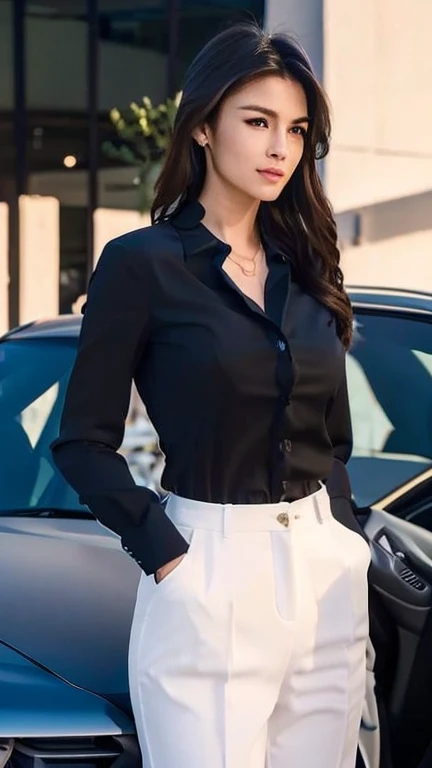 a beautiful 18 years old girl wearing formal black suit, white shirt, and black trousers, it suits very well, she's wise and woman, she's elite boss, she's very rich girl, elegant pose, standing in front of her Porsche, elegant Porsche, Porsche 911 GT-3RS, exclusive Porsche, expensive necklace, elegant earrings, elegant, she's so cool, jealous face, little smile on her face, jealousy smile, she's firm, she's being respectful, she's gorgeous, her body is so athletic and slim, chubby cheeks,perfect body ratio, ponytail, cute bangs, she looks kind, girlfriend material, best lighting (best quality,4k,8k,highres,masterpiece:1.2),ultra-detailed,(realistic,photorealistic,photo-realistic:1.37),HDR,UHD,4k,8k,studio lighting,vivid colors,bokeh,portraits, main focus on her and her Porsche, perfect looks on camera, perfect looks on picture,photo taken by Canon EOS R5 II, full body looks, best photography, perfect anatomy, perfect photography