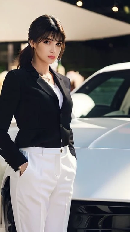 a beautiful 18 years old girl wearing formal black suit, white shirt, and black trousers, it suits very well, she's wise and woman, she's elite boss, she's very rich girl, elegant pose, standing in front of her Porsche, elegant Porsche, Porsche 911 GT-3RS, exclusive Porsche, expensive necklace, elegant earrings, elegant, she's so cool, jealous face, little smile on her face, jealousy smile, she's firm, she's being respectful, she's gorgeous, her body is so athletic and slim, chubby cheeks,perfect body ratio, ponytail, cute bangs, she looks kind, girlfriend material, best lighting (best quality,4k,8k,highres,masterpiece:1.2),ultra-detailed,(realistic,photorealistic,photo-realistic:1.37),HDR,UHD,4k,8k,studio lighting,vivid colors,bokeh,portraits, main focus on her and her Porsche, perfect looks on camera, perfect looks on picture,photo taken by Canon EOS R5 II, full body looks, best photography, perfect anatomy, perfect photography