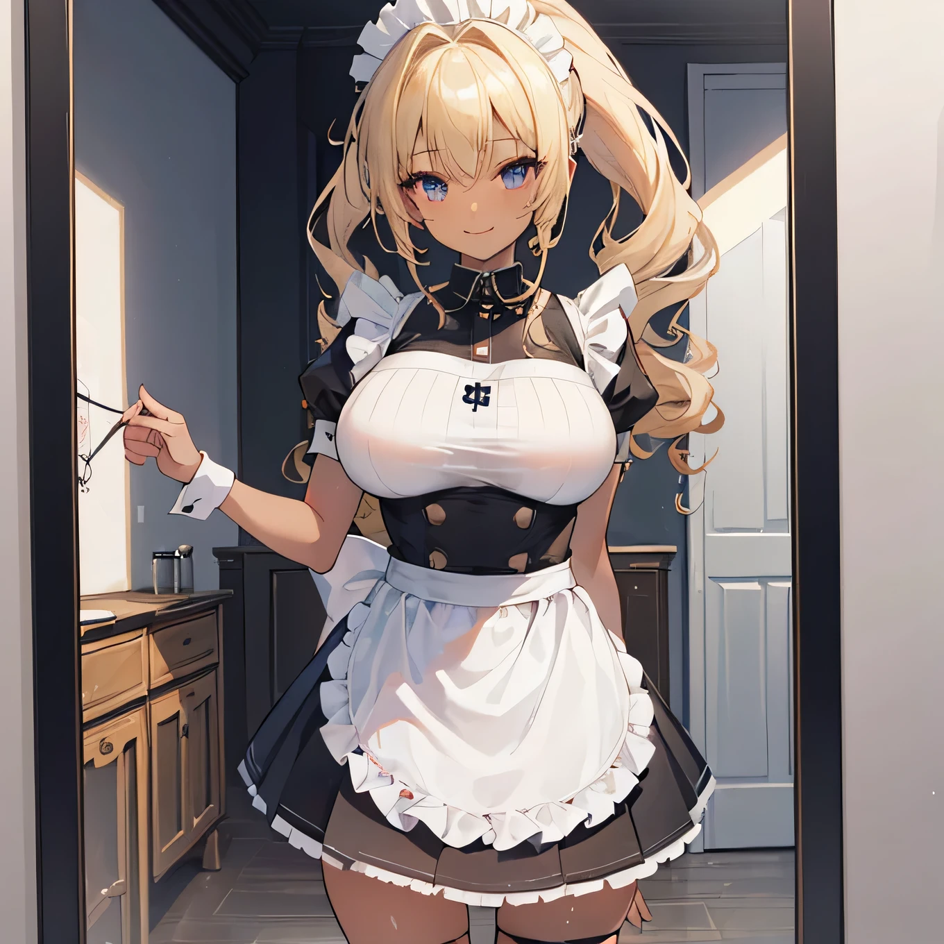One very beautiful blonde, bangs,((confused face:1.5, open mouth:0.9)), college girl, very gorgeous body, sexy pose, (((medium breasts, showing her white pantie raising the skirt))), big and blue eyes, lipstick, eyelash,(in the kitchen, sexy maid outfit, cleavage, black and white clothes, micro skirt, duster, sexy black high sock)