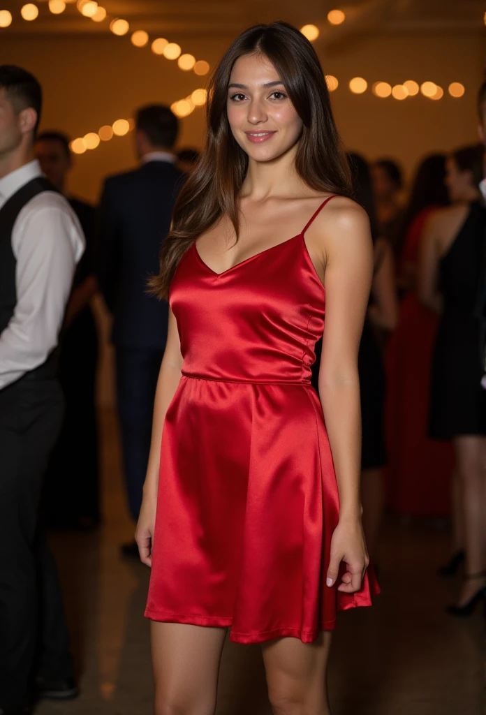 young brunette woman, beautiful brown eyes. long brown hair. Short A-line strap dress made of shiny red satin, Tights, 项链, transparent lip gloss, narrow building, Pretty, 2, Full body photo, long legs, Satin top, dancing at a party, looks stunning. is enthusiastic. In the background are wedding guests