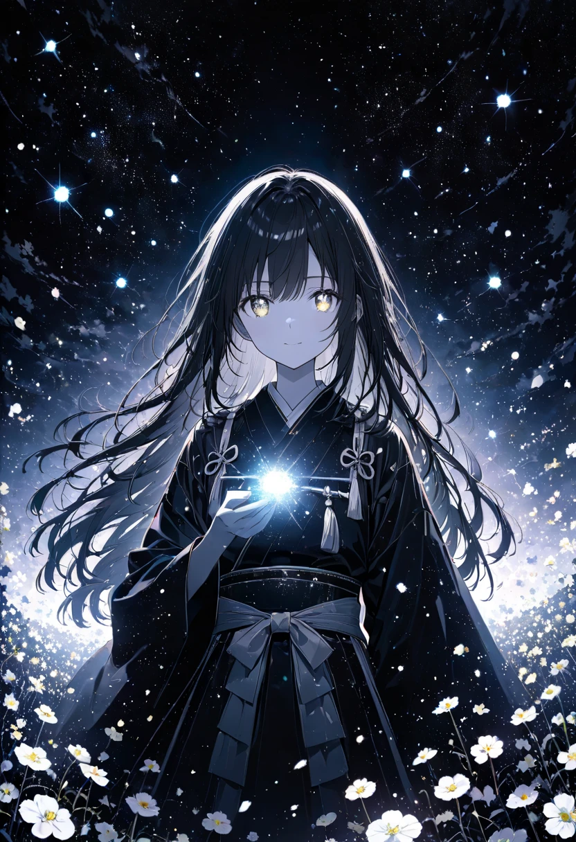 Anime Style,The whole screen is dark ,Monochrome World.  upper body, angle from the waist up and side,  white skin, black hair,Long Hair,  samurai, standing with a sword out ,  暗In the Darkで輝くの瞳  黄色,White,Sparkling Eyes,Sparkling Eyesのハイライト,In the Dark  ,  highlight glowing eyes  , The background is a flower field,Hypericum flower field ,Shiny Yellow, High-angle masterpiece , best quality,Exquisite,8k,   absurd,  super detailed illustration on blank paper  ,( Viewers )