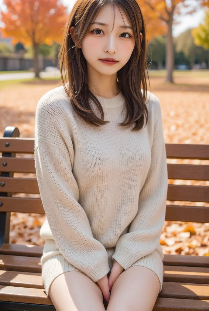 1girl,gal,large breasts,(best quality,absolutely resolution,ultra detailed,masterpiece),(photo realistic),8K,(detailed face),delicate realistic skin texture,(Shining eyes),Autumn Clothes、She is wearing a knitted sweater,(The scenery is full of colorful orange autumn leaves., red, yellow.), The leaves are falling around her,Autumn background、The background is a pale pastel colored landscape.,medium breasts,Nice hands,Perfect hands,detailed background,Sitting on a bench