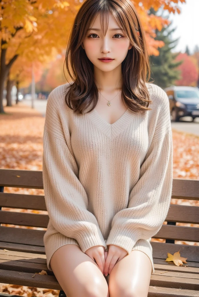 1girl,gal,large breasts,(best quality,absolutely resolution,ultra detailed,masterpiece),(photo realistic),8K,(detailed face),delicate realistic skin texture,(Shining eyes),Autumn Clothes、She is wearing a knitted sweater,(The scenery is full of colorful orange autumn leaves., red, yellow.), The leaves are falling around her,Autumn background、The background is a pale pastel colored landscape.,medium breasts,Nice hands,Perfect hands,detailed background,Sitting on a bench