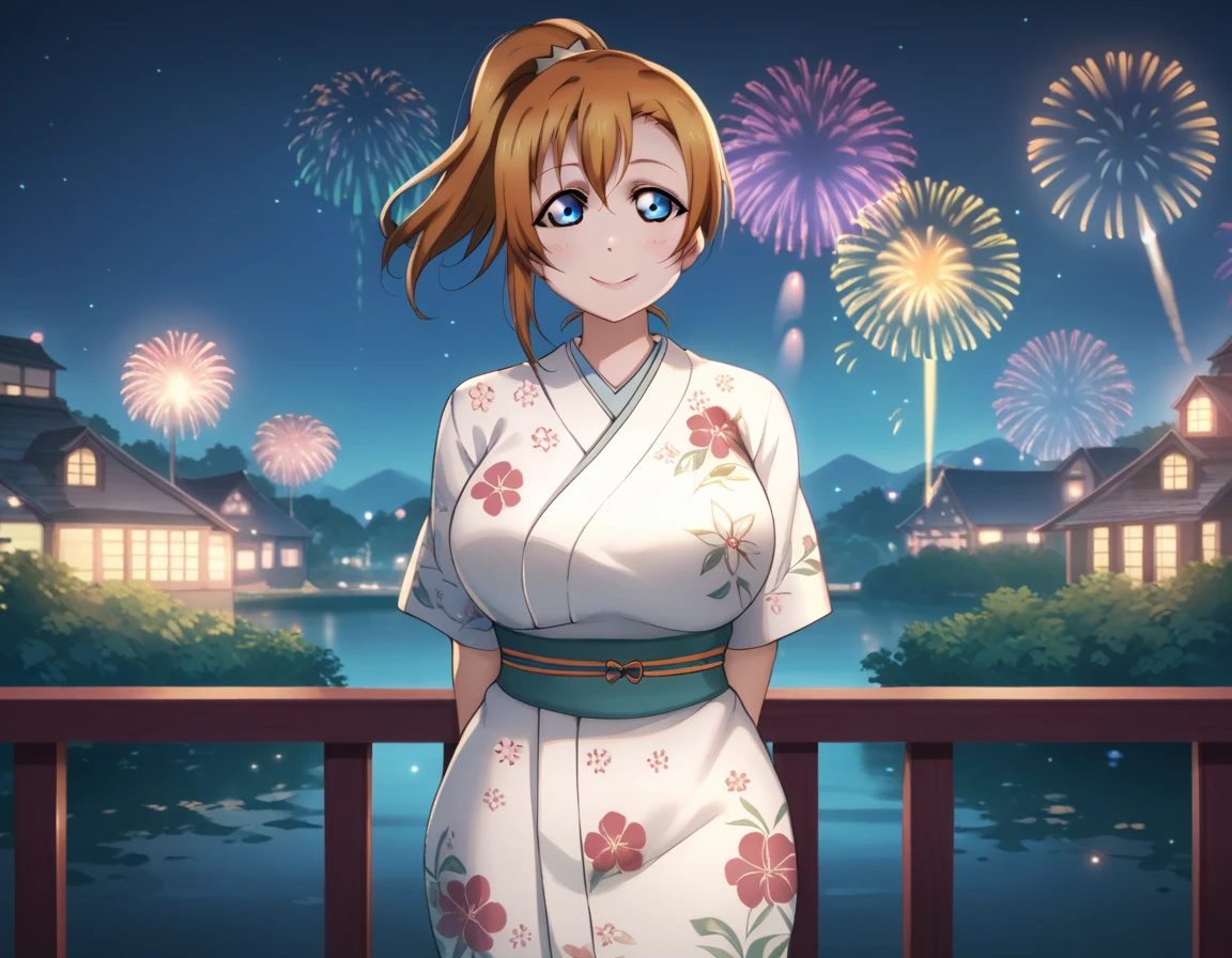 1girl, ponytail, night,kousaka honoka, blue eyes, love live , detailed body, shiny skin ,  looking at viewer, white kimono, floral print , smile , fireworks , slightly big breasts, standing , arms behind back , front view ,Elijahzx art style,chibi