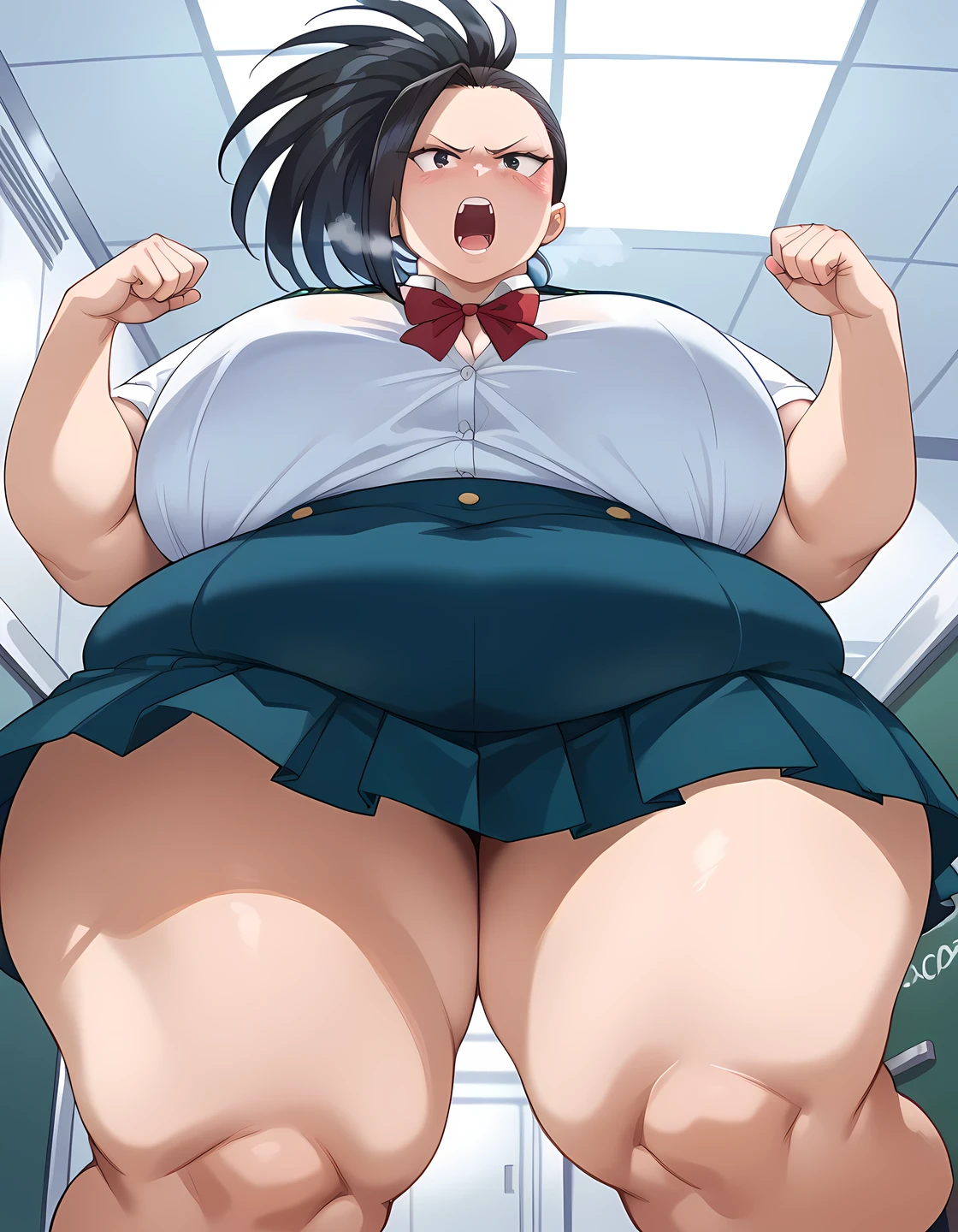 masterpiece, highest quality, cute eyes, 1 girl, 1 boy, blush, winding, show off your butt, look down, close, huge breasts, thick thighs, huge ass, huge ass, huge hips, huge waist, wide hips, from behind, from below, look down, school uniform, pleated skirt, white panties, sitting, sitting_upon_face, facesitting, (sitting upon face, sitting upon persupon:1.2), (fart, farting, yellow gas, facefarting:1.3), 笑face, classroom