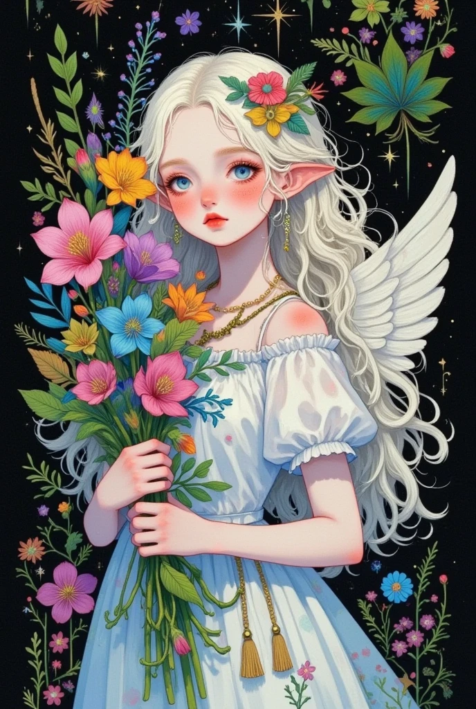  A painting of a girl with blue eyes holding flowers, Space Flower Fairy,  Beeple and Jeremiah Ketner's style , by Marie Angel,  Star Fairy ,  Angel Paintings , Angel Girl,  anime fantasy illustration , 梦幻迷幻动漫, Art Nouveau Universe Showcase, author：Jeremiah Ketner,  Korean Art Nouveau anime , inspired author：Jeremiah Ketner, Girl with angel wings