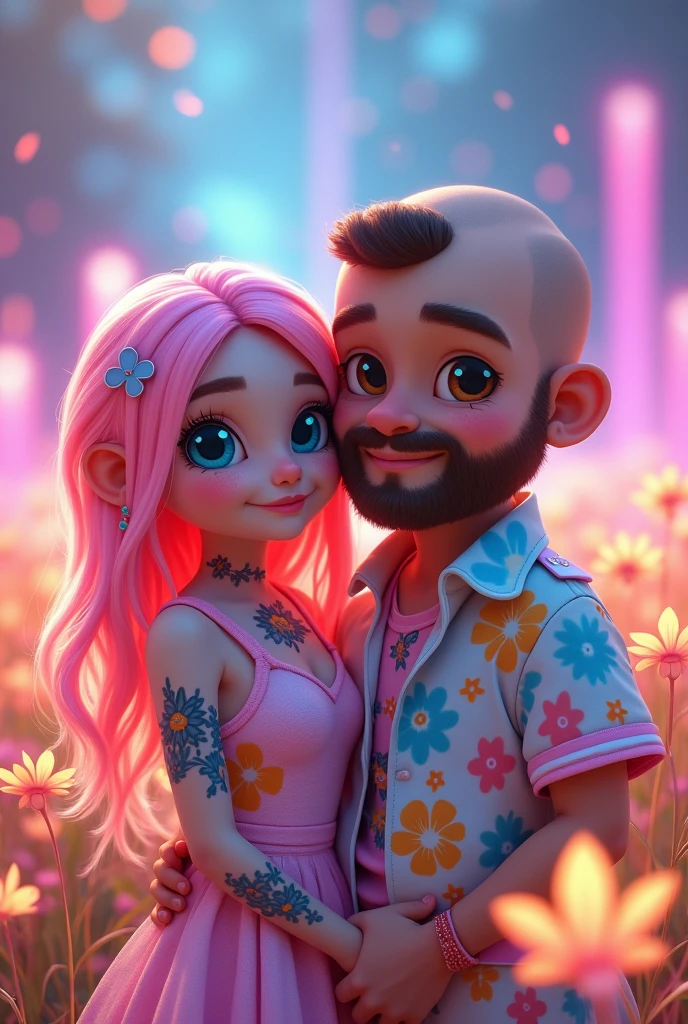 A kawaii couple stands in a vibrant, neon-lit field filled with glowing flowers and magical plants. The woman has soft, chubby cheeks and fair skin covered in bright, colorful tattoos of cute floral designs in vivid pinks, blues, and yellows. Her large, sparkling blue eyes and flowing pastel hair—blending shades of pink, peach, and sky blue—give her a playful, fairy-like appearance. Beside her is a round-faced man with a bald head and a short, trimmed brown beard, wearing matching neon-toned clothes with pastel accents that echo her colors. His warm brown eyes sparkle with joy. The two stand close together, their kawaii features radiating charm as they smile warmly in the dreamlike, glowing field, creating an atmosphere of sweet, joyful harmony