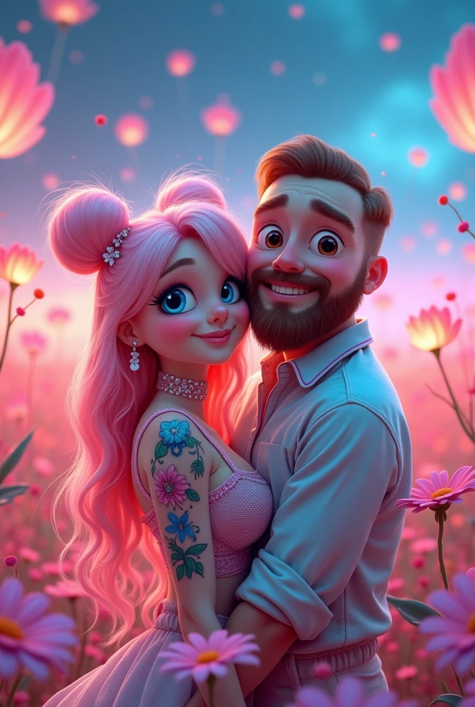 A kawaii couple stands in a vibrant, neon-lit field filled with glowing flowers and magical plants. The woman has soft, chubby cheeks and fair skin covered in bright, colorful tattoos of cute floral designs in vivid pinks, blues, and yellows. Her large, sparkling blue eyes and flowing pastel hair—blending shades of pink, peach, and sky blue—give her a playful, fairy-like appearance. Beside her is a round-faced man with a bald head and a short, trimmed brown beard, wearing matching neon-toned clothes with pastel accents that echo her colors. His warm brown eyes sparkle with joy. The two stand close together, their kawaii features radiating charm as they smile warmly in the dreamlike, glowing field, creating an atmosphere of sweet, joyful harmony