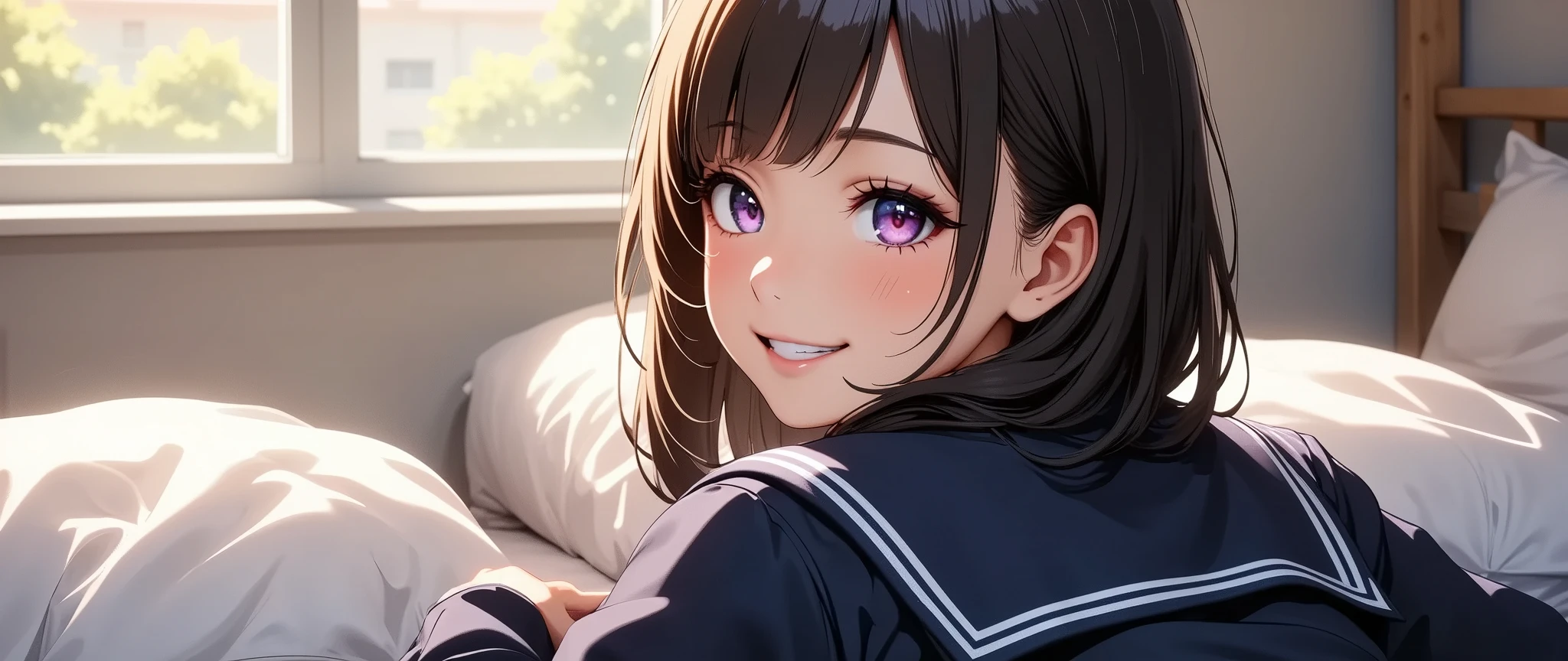 Anime girl with long black hair laying on a bed in a room - SeaArt AI