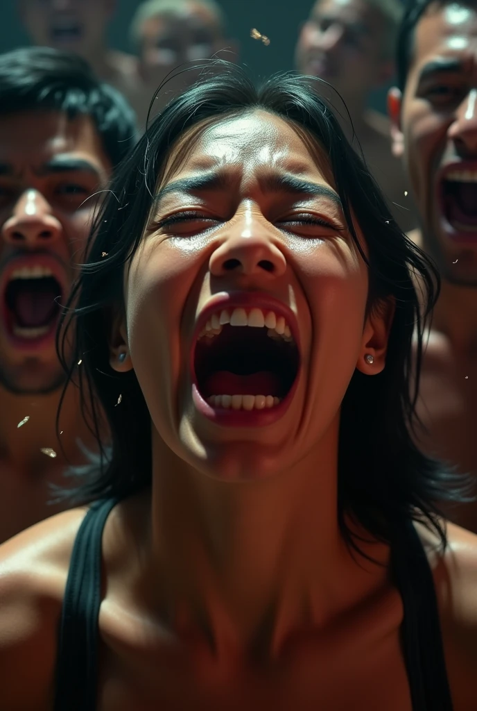 Beautiful Japanese actresses,flying debris,Award-winning photo, Very detailed, Edge Orgasm, Woman with open mouth and closed eyes , Sweaty skin、Lighting that highlights shiny sweat{{{Spread the word }}}, Black Hair、,{{{{Crowd of elderly male spectators,Surrounded by men,}}}},(length, Narrow nostrils)、Raise your arms behind your head,