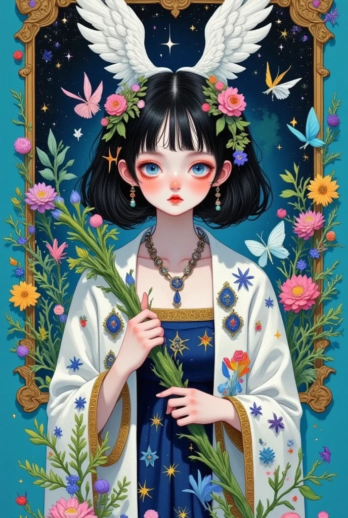 A painting of a blue-eyed girl holding a flower, Space Flower Fairy,  Beeple and Jeremiah Ketner's style , by Marie Angel,  Star Fairy ,  Angel Paintings , Angel Girl,  anime fantasy illustration , 梦幻迷幻动漫, Art Nouveau Universe Showcase, author：Jeremiah Ketner,  Korean Art Nouveau anime , inspired author：Jeremiah Ketner, Girl with angel wings