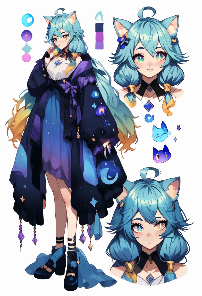 character sheet,front,profile,3/4,

solo, vtuber-fullbody, full body, 1girl, cat ears, cat tail, (height 157cm), (long hair, low twintails), ahoge, (Gradient hair from white to blue), (beautiful eye), (left eye purple), (right eye blue), (star element), (fantasy)