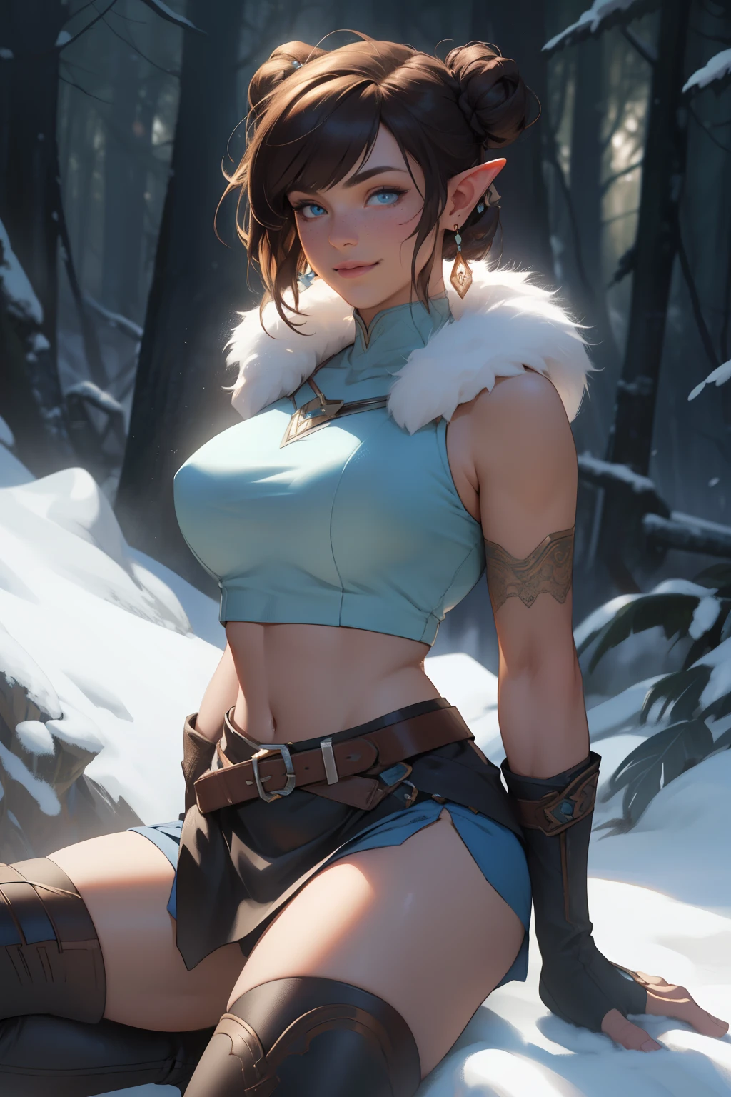 Korra da avatar,(best quality, 4K,8k,high resolution,work of art:1.2)(weather: showing), tundra background, artic village, wide hips, long curly hair, brown hair, freckles, sleeveless crop top, fur belt, bodycon winter skirt, leggings, winter boots, elbow long gloves, light makeup, dark eyeliner, blush, flirting pose, earrings, glowing eyes, ultra detailed, portrait, realistic, beautiful detailed blue eyes, beautiful detailed lips, extremely detailed eye and face, long eyelashes,average, large breasts, flying hair, beaming smile, sexy smile, powerful girl, bright coloured, dramatic lighting, blue flames, a beautiful elf girl training, short brown hair, double bun hairstyle, blunt bangs, blue eyes, hair ornament, detailed face, elegant pose, mystical forest background, cinematic lighting, (best quality,4k,8k,highres,masterpiece:1.2),ultra-detailed,(realistic,photorealistic,photo-realistic:1.37), LAUFEN, SHORT HAIR, DOUBLE BUN, BLUNT BANGS,