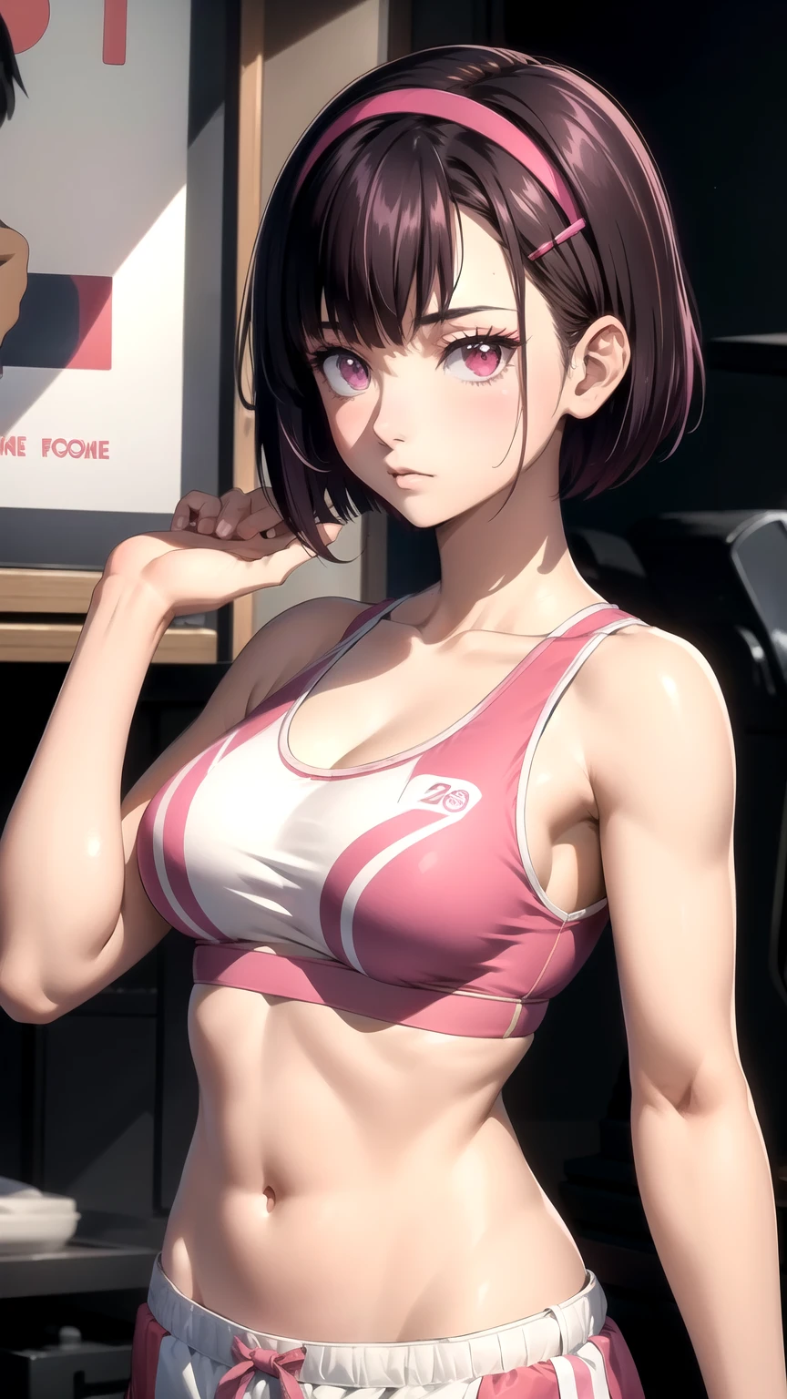 (masterpiece,  best quality),  intricate details, Shizukazomu,  1 girl,  Shorthair, Dark purple hair, bangs, Hair accessories,  hair clips, Pink Eyes, White pupil,  medium breasts, clavicle,  sports bra, belly button, abdomen,  pink shorts, 