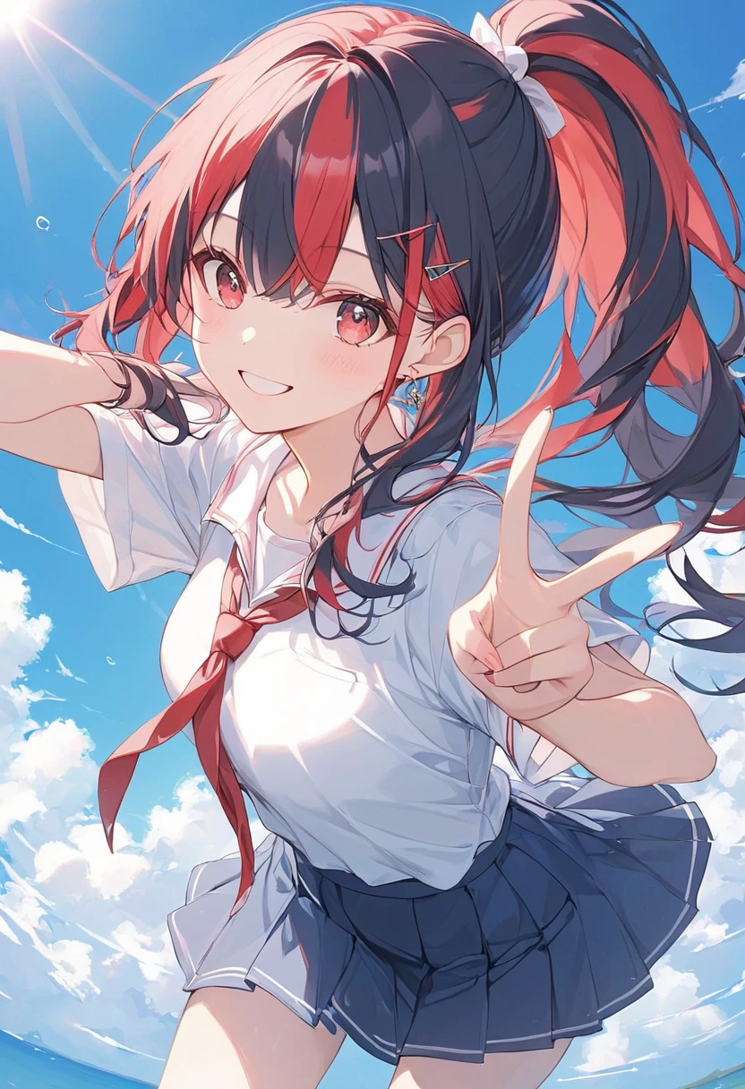   one woman,whole body, peace sign,pastel,smile,happiness,Red eyes,white and red ((streaked hair)), highlights hair, ponytail,    wearing a white cutter shirt,Dress casually, red string tie, blue miniskirt , The background is blue sky, The light shines , angle from the front, masterpiece, best quality,Exquisite,8k,  absurd,  Extremely Detailed Illustrations