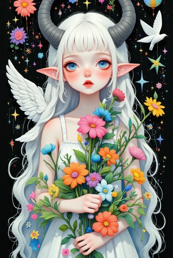  A painting of a girl with blue eyes holding flowers, Space Flower Fairy,  Beeple and Jeremiah Ketner's style , by Marie Angel,  Star Fairy ,  Angel Paintings , Angel Girl,  anime fantasy illustration , 梦幻迷幻动漫, Art Nouveau Universe Showcase, author：Jeremiah Ketner,  Korean Art Nouveau anime , inspired author：Jeremiah Ketner, Girl with angel wings