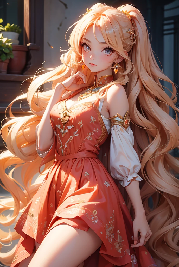 (masterpiece:1.4), (best quality:1.4), illustration, anime drawing style, 1gril, solo, ((Gold wavy hair)), flowers crown, very long hair, bright stunning eyes, collarbone, upper body, slim body, shiny skin, detailed face, natural make up, Pink lips, parted lips, upper teeth, cleavage, small breasts, (cute embroidered top, pleated skirt), red nails, necklace, earrings, looking at viewer, professional light, sunny, glowing, nature in background