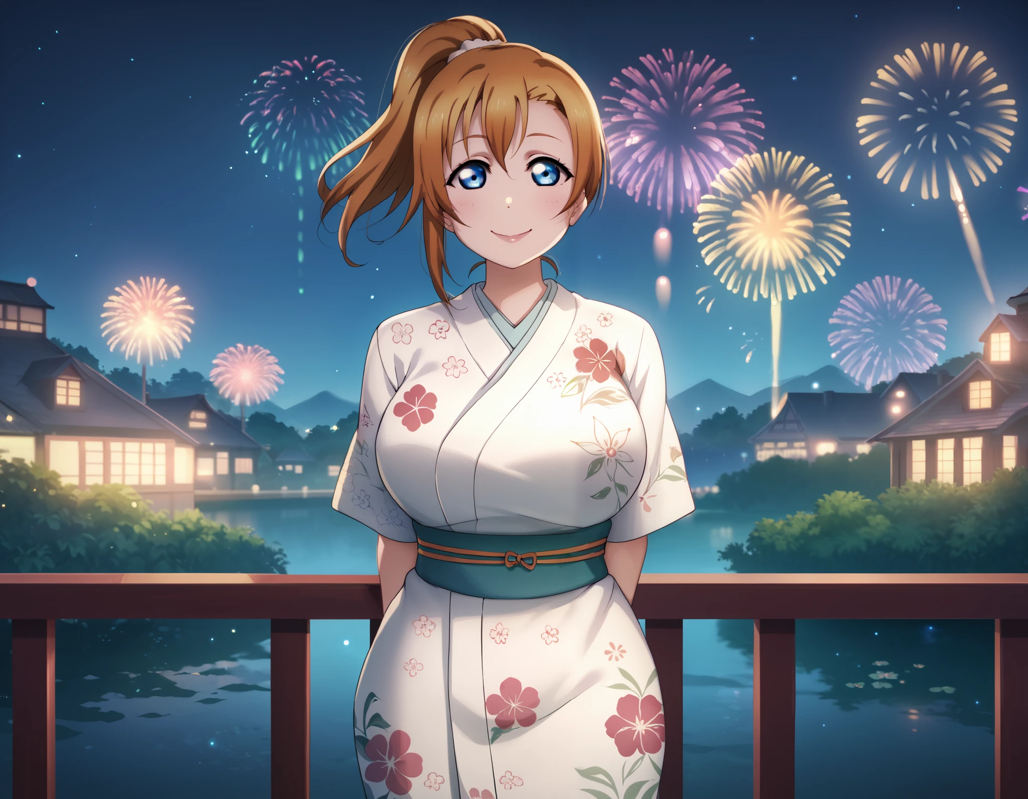 1girl, ponytail, night,kousaka honoka, blue eyes, love live , detailed body, shiny skin ,  looking at viewer, white kimono, floral print , smile , fireworks , slightly big breasts, standing , arms behind back , front view ,Elijahzx art style,chibi