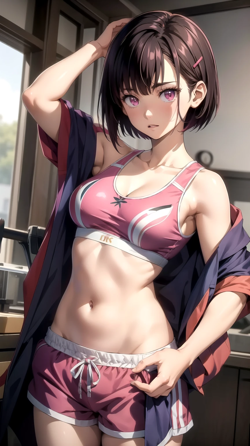 (masterpiece,  best quality),  intricate details, Shizukazomu,  1 girl,  Shorthair, Dark purple hair, bangs, Hair accessories,  hair clips, Pink Eyes, White pupil,  medium breasts, clavicle,  sports bra, belly button, abdomen,  pink shorts, 