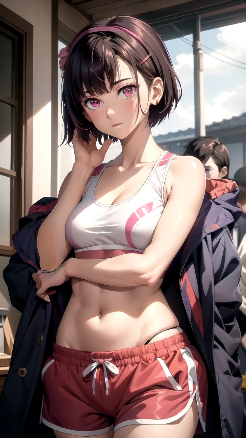 (masterpiece,  best quality),  intricate details, Shizukazomu,  1 girl,  Shorthair, Dark purple hair, bangs, Hair accessories,  hair clips, Pink Eyes, White pupil,  medium breasts, clavicle,  sports bra, belly button, abdomen,  pink shorts, 