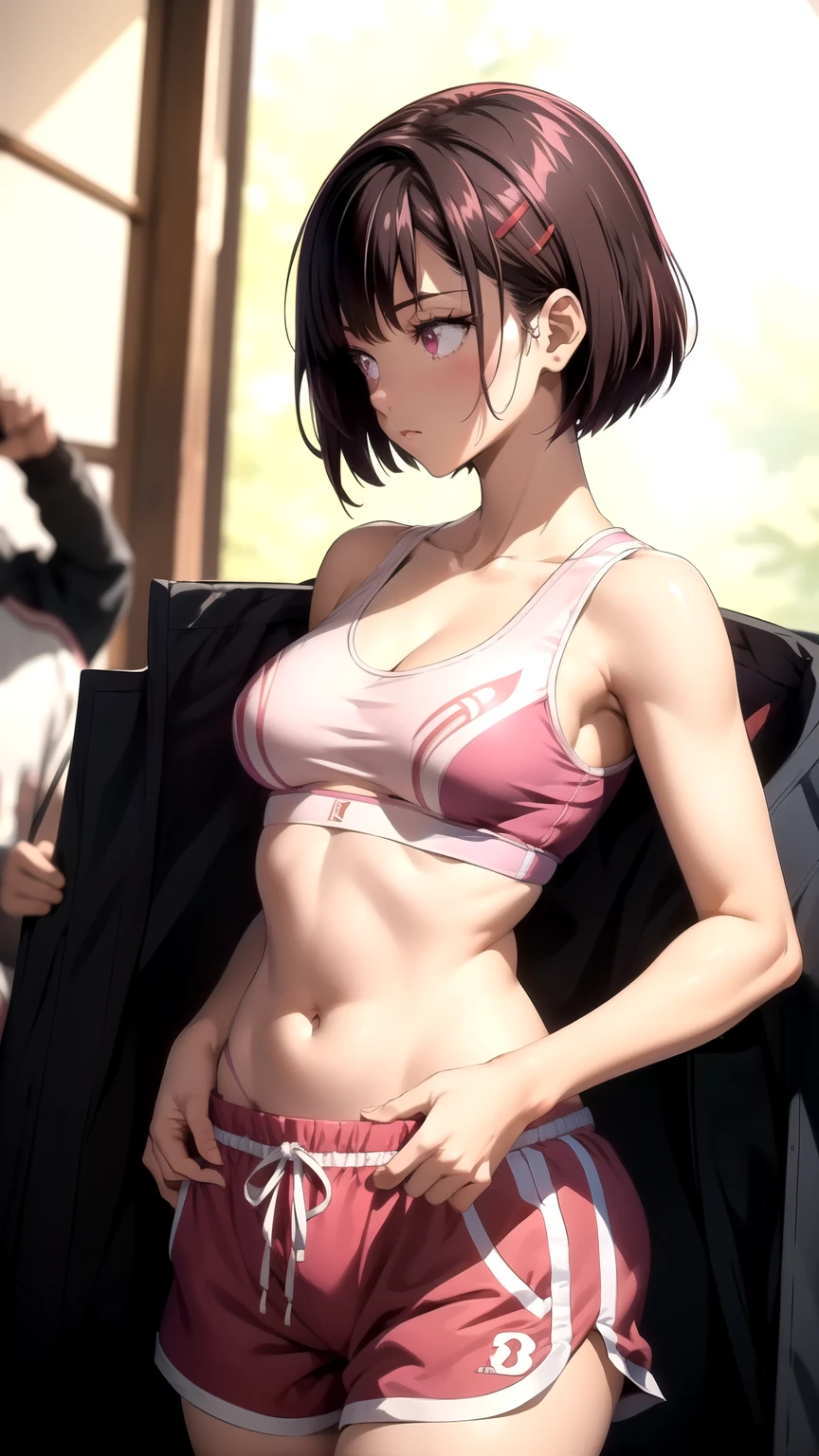 (masterpiece,  best quality),  intricate details, Shizukazomu,  1 girl,  Shorthair, Dark purple hair, bangs, Hair accessories,  hair clips, Pink Eyes, White pupil,  medium breasts, clavicle,  sports bra, belly button, abdomen,  pink shorts, 