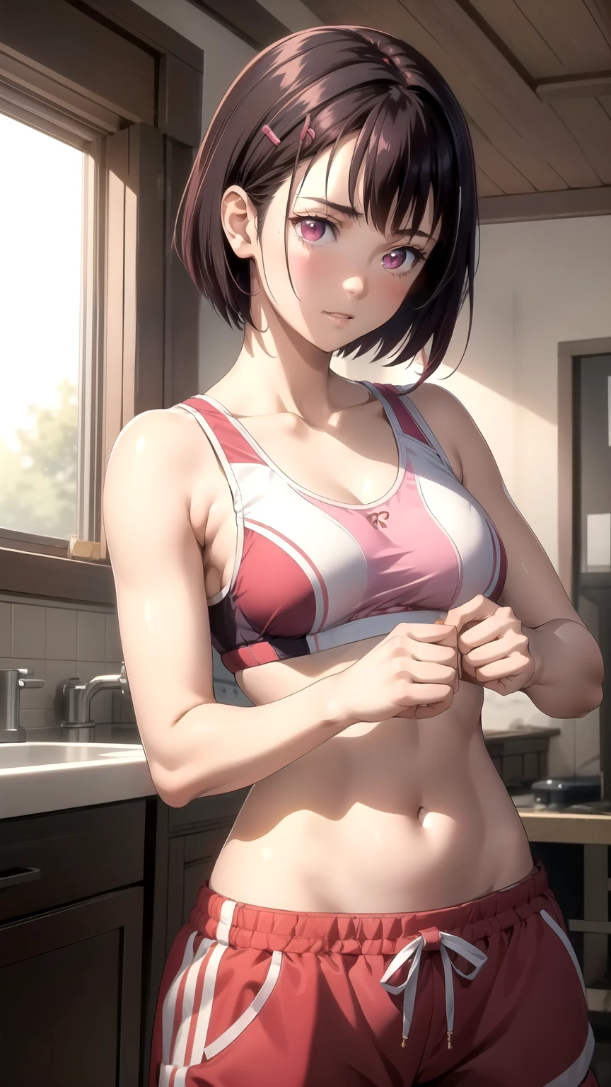 (masterpiece,  best quality),  intricate details, Shizukazomu,  1 girl,  Shorthair, Dark purple hair, bangs, Hair accessories,  hair clips, Pink Eyes, White pupil,  medium breasts, clavicle,  sports bra, belly button, abdomen,  pink shorts, 