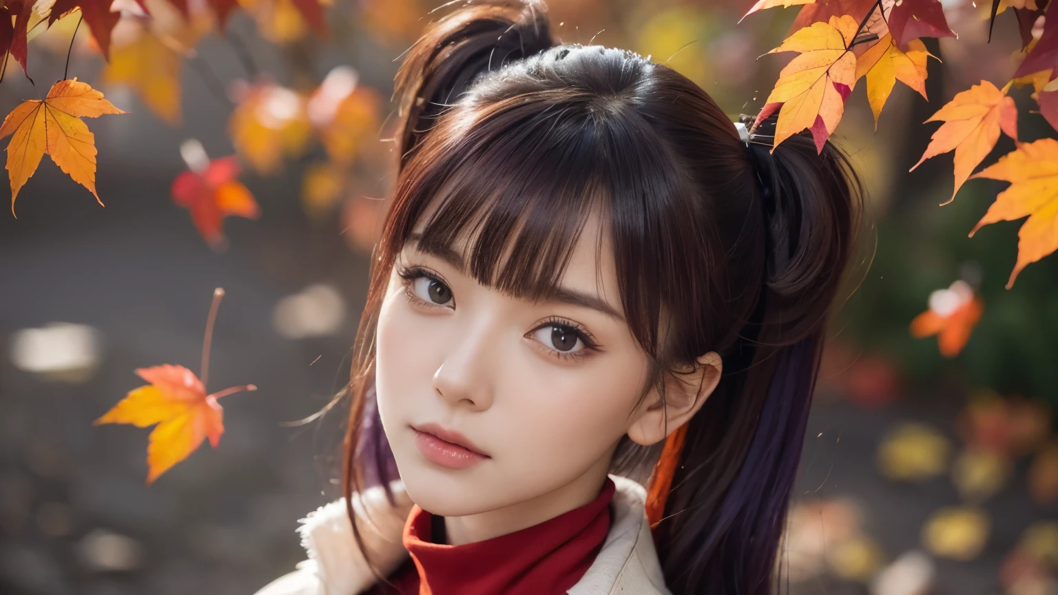 autumn, many red autumn leaves fluttering in the wind, amid the crowd, dressed in vivid autumn fashion, slipping and tripping, falling on bottoms, blushing, being embarrassed, half twin tails, diagonal bangs, dark purple hair, hair fluttering in the wind, beautiful white-colored translucent skin, slendar figure, aglossy face, like a cat eyes, lazy expressions, shooting from above, {realistic}, {cinematic}, {photogenic}