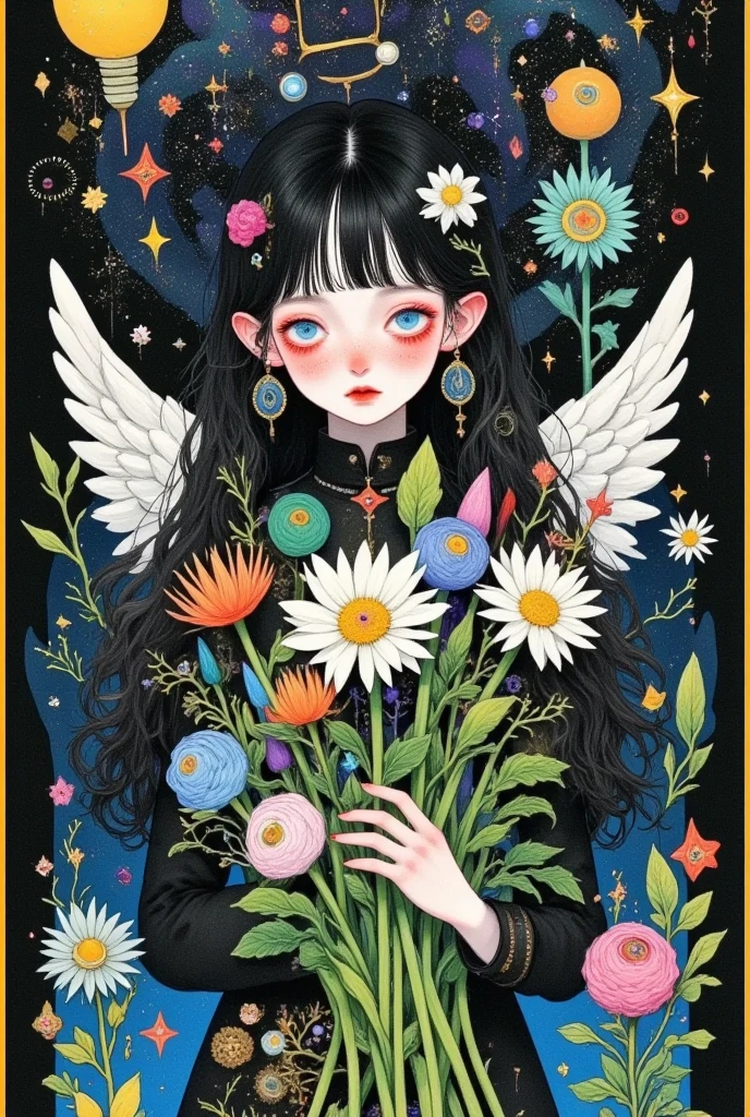  A painting of a girl with blue eyes holding flowers, Space Flower Fairy,  Beeple and Jeremiah Ketner's style , by Marie Angel,  Star Fairy ,  Angel Paintings , Angel Girl,  anime fantasy illustration , 梦幻迷幻动漫, Art Nouveau Universe Showcase, author：Jeremiah Ketner,  Korean Art Nouveau anime , inspired author：Jeremiah Ketner, Girl with angel wings