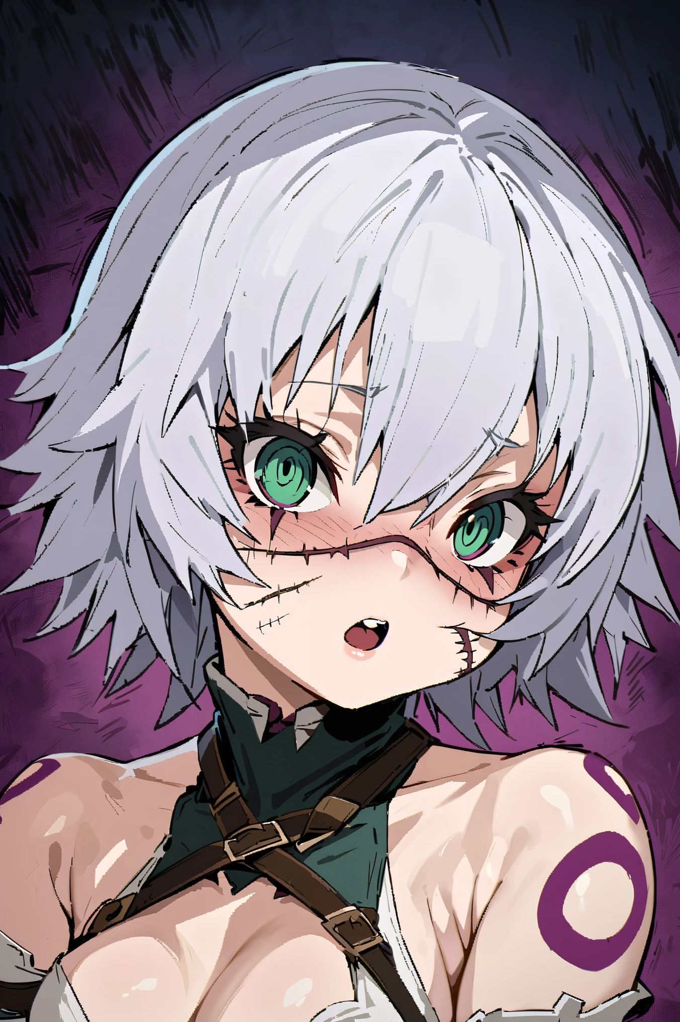 NSFW,masterpiece, best quality, high definition , very detailed , jack the ripper \(fate\), Shorthair、Gray Hair、Green Eyes、Scars on face、Scar on cheek、Scars on the eyes、Shoulder Tattoo、