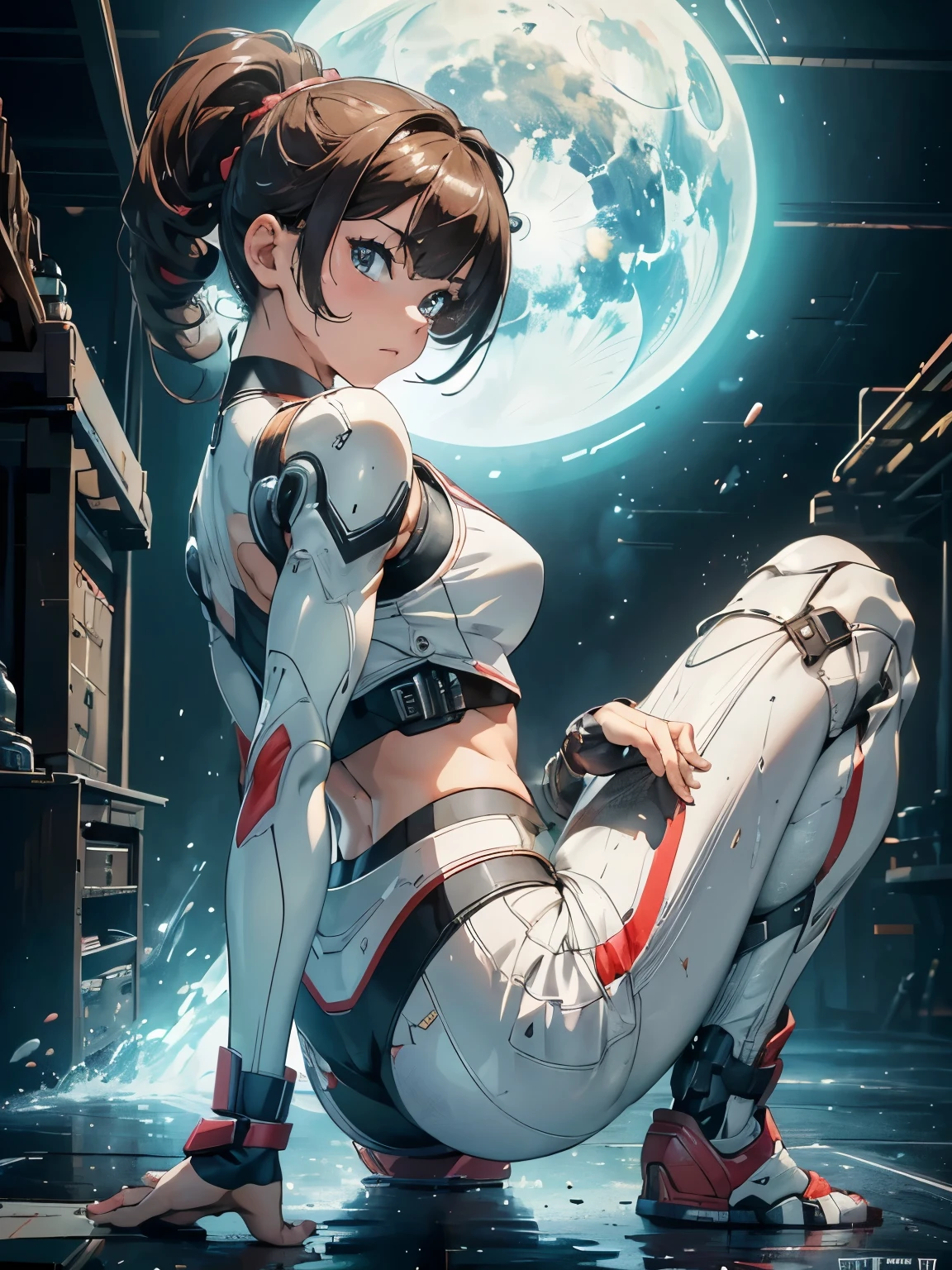 1girl, white hear, arms outstretched, ((no clothes) (no bras) (no panty)), ((uncensored) (totally naked) (wet pussy)), Pose d'adolescente mignonne, dirty robot dump, cyberpunk, Best quality, ultra highres, photo collage