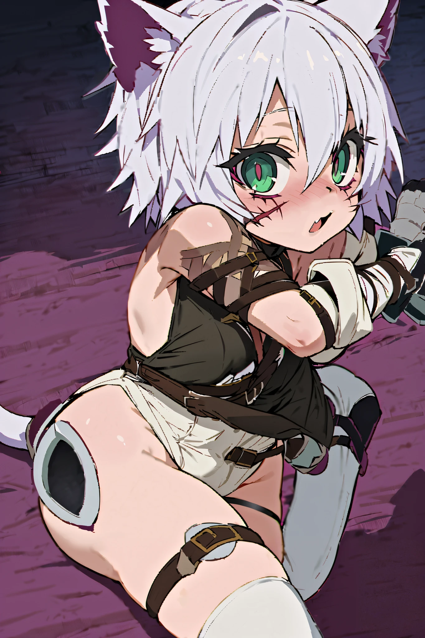 NSFW,masterpiece, best quality, high definition , very detailed , jack the ripper \(fate\), Shorthair、Gray Hair、Green Eyes、Scars on face、Scar on cheek、Scars on the eyes、Shoulder Tattoo、Cat ears、tail、gloves、肘gloves、 white leotards 、first round、 asymmetrical legwear 、 white knee socks、 thigh straps 、 exposed shoulder 