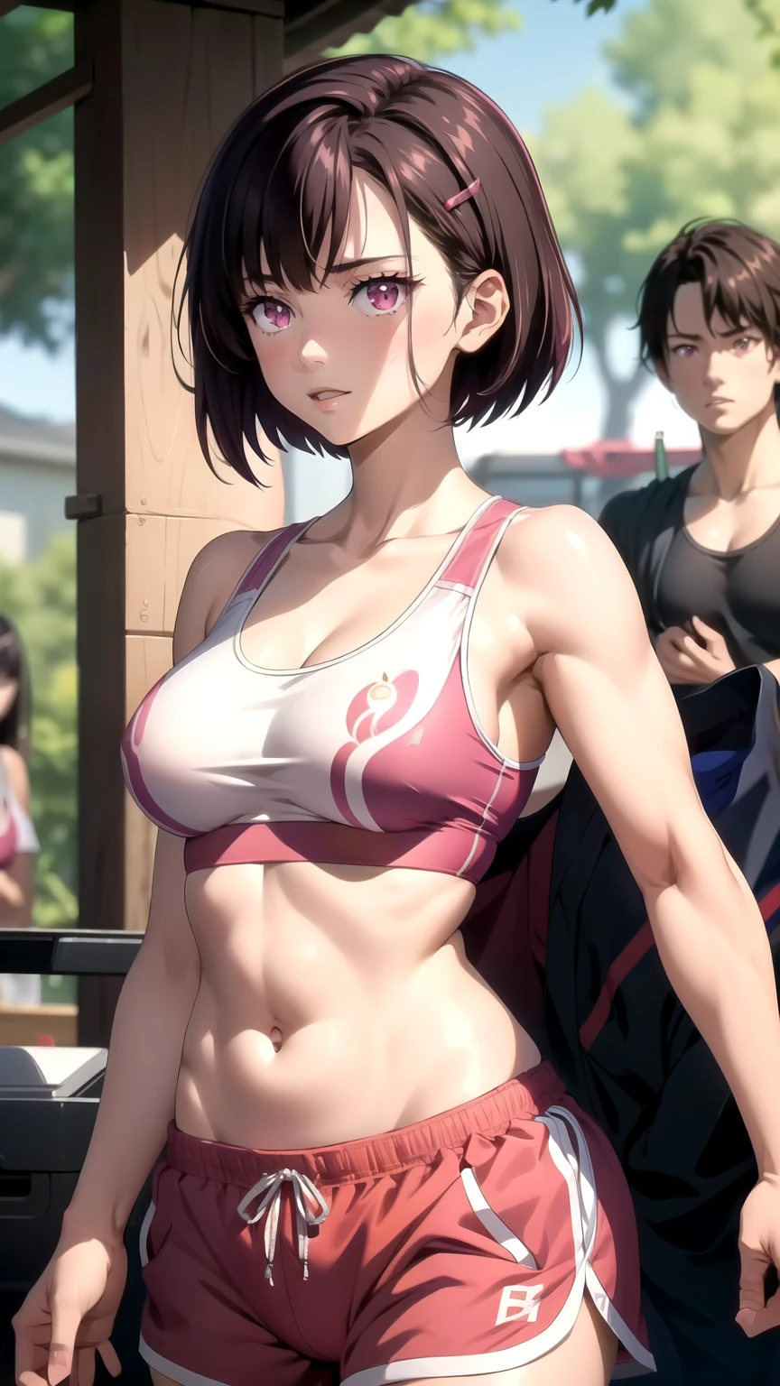 (masterpiece,  best quality),  intricate details, Shizukazomu,  1 girl,  Shorthair, Dark purple hair, bangs, Hair accessories,  hair clips, Pink Eyes, White pupil,  medium breasts, clavicle,  sports bra, belly button, abdomen,  pink shorts, Muscular