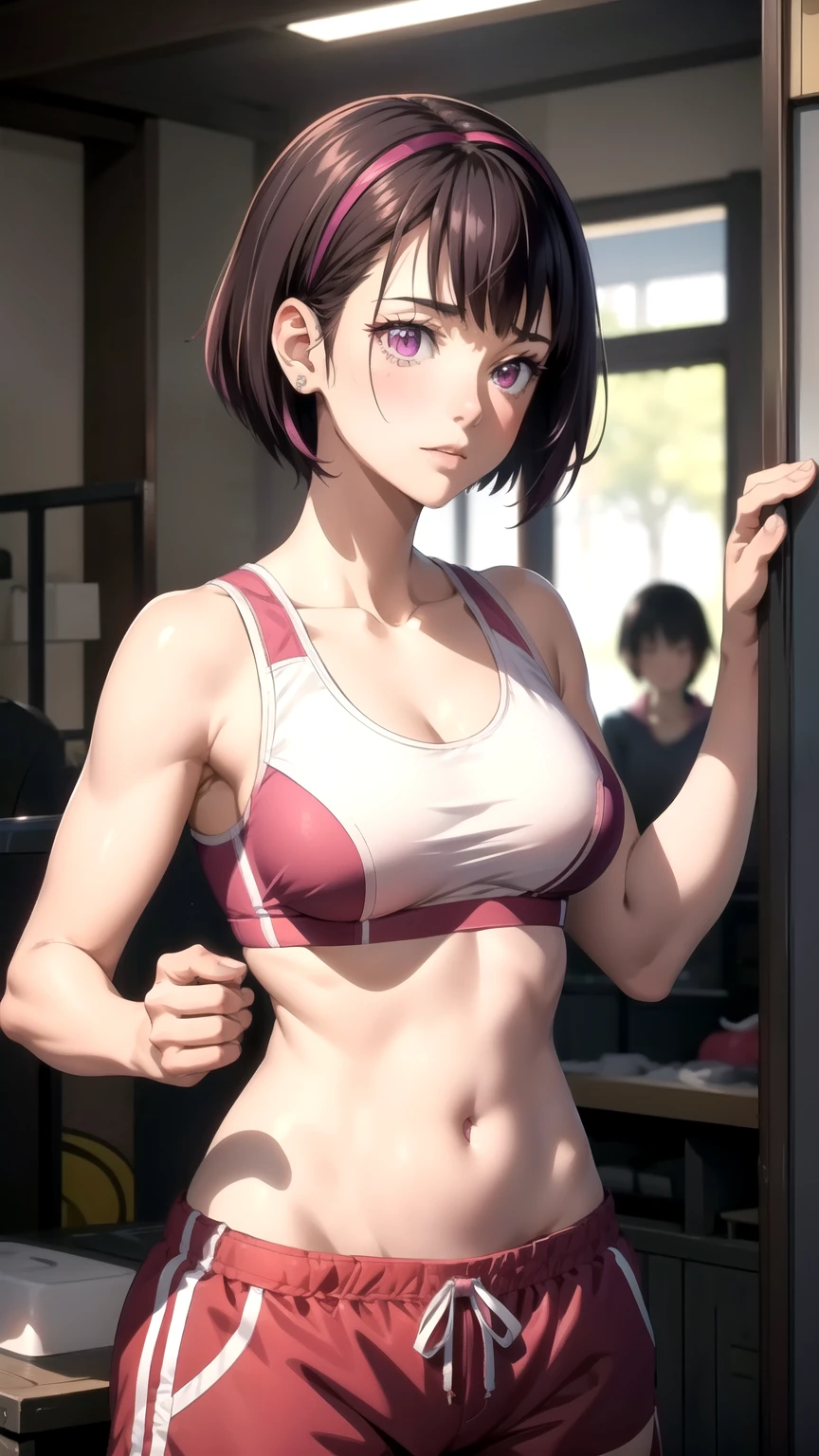 (masterpiece,  best quality),  intricate details, Shizukazomu,  1 girl,  Shorthair, Dark purple hair, bangs, Hair accessories,  hair clips, Pink Eyes, White pupil,  medium breasts, clavicle,  sports bra, belly button, abdomen,  pink shorts, Muscular